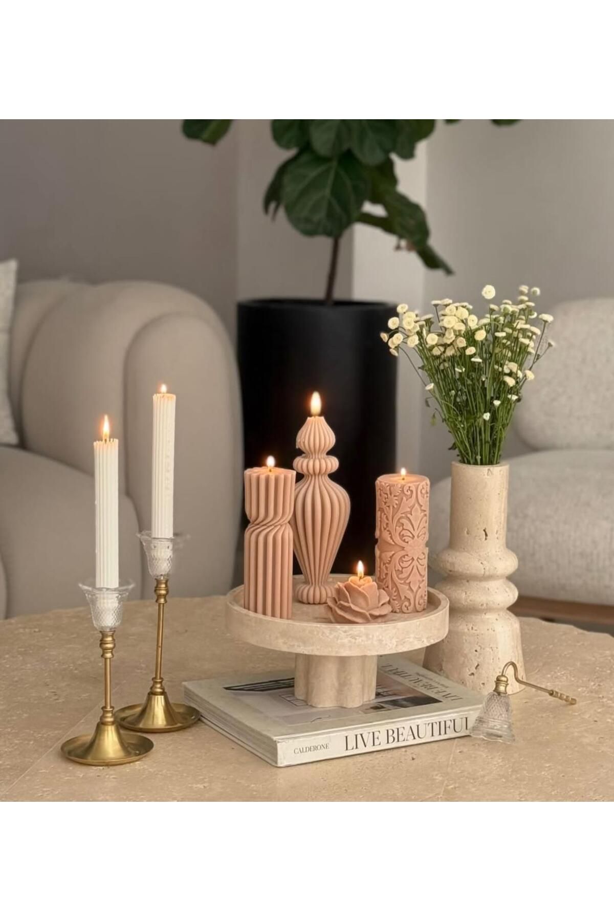 SCA CANDLE Dekoratif Mum Marako+Çizgi +Gül +Çokgen +Şamdan Mum Toplam 6 parça