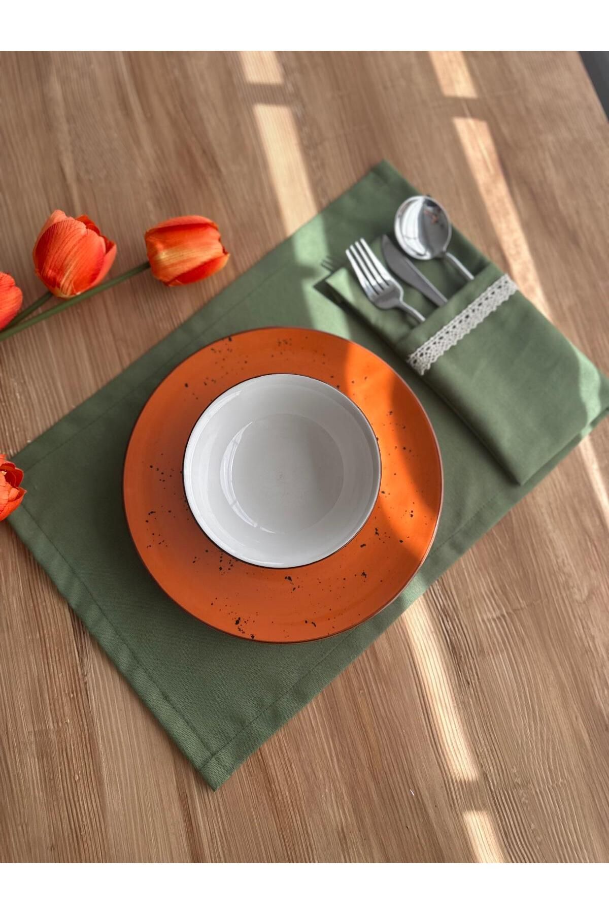 TUA HOME Liva 6'lı %100 Pamuk Dantel Detaylı Amerikan Servis Seti Çatal Bıçak Cepli - 45x30 cm Yeşil