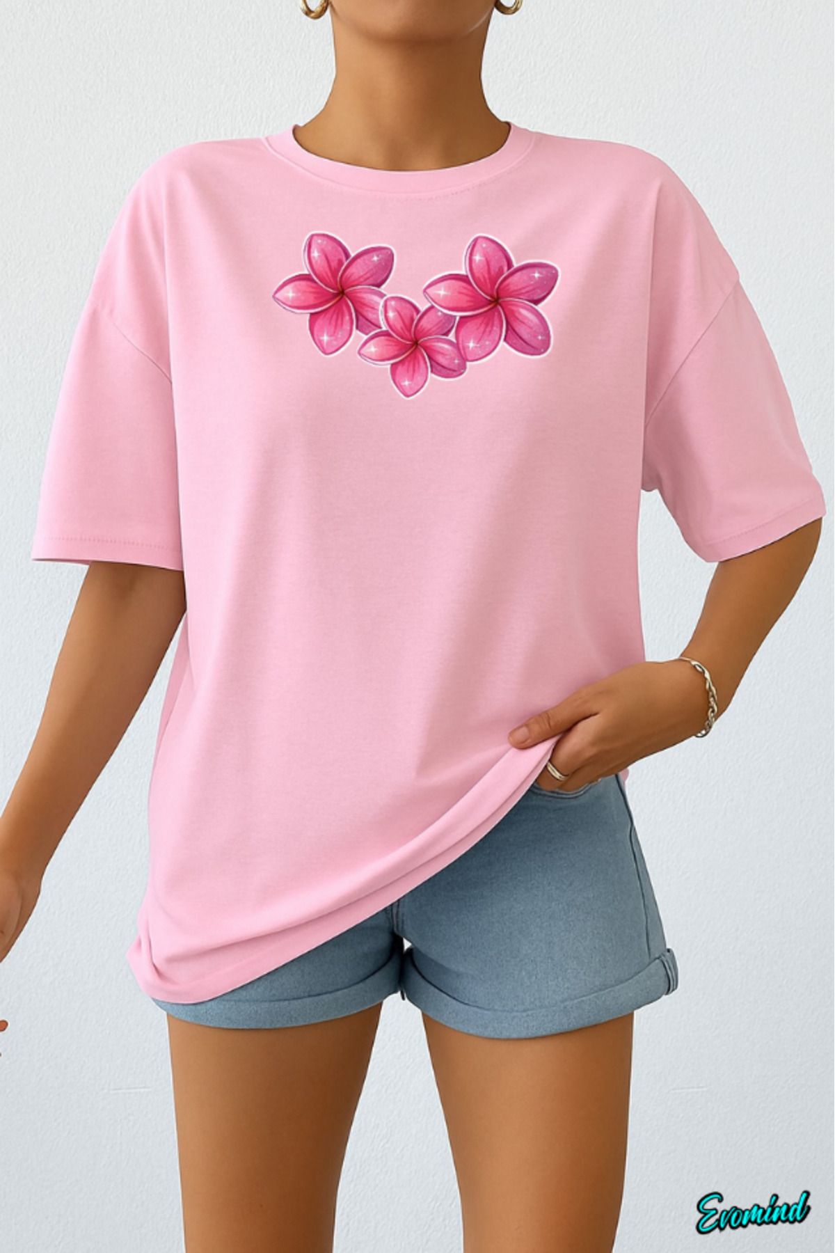Evomind Pembe Çiçek Baskılı Unisex T-shirt