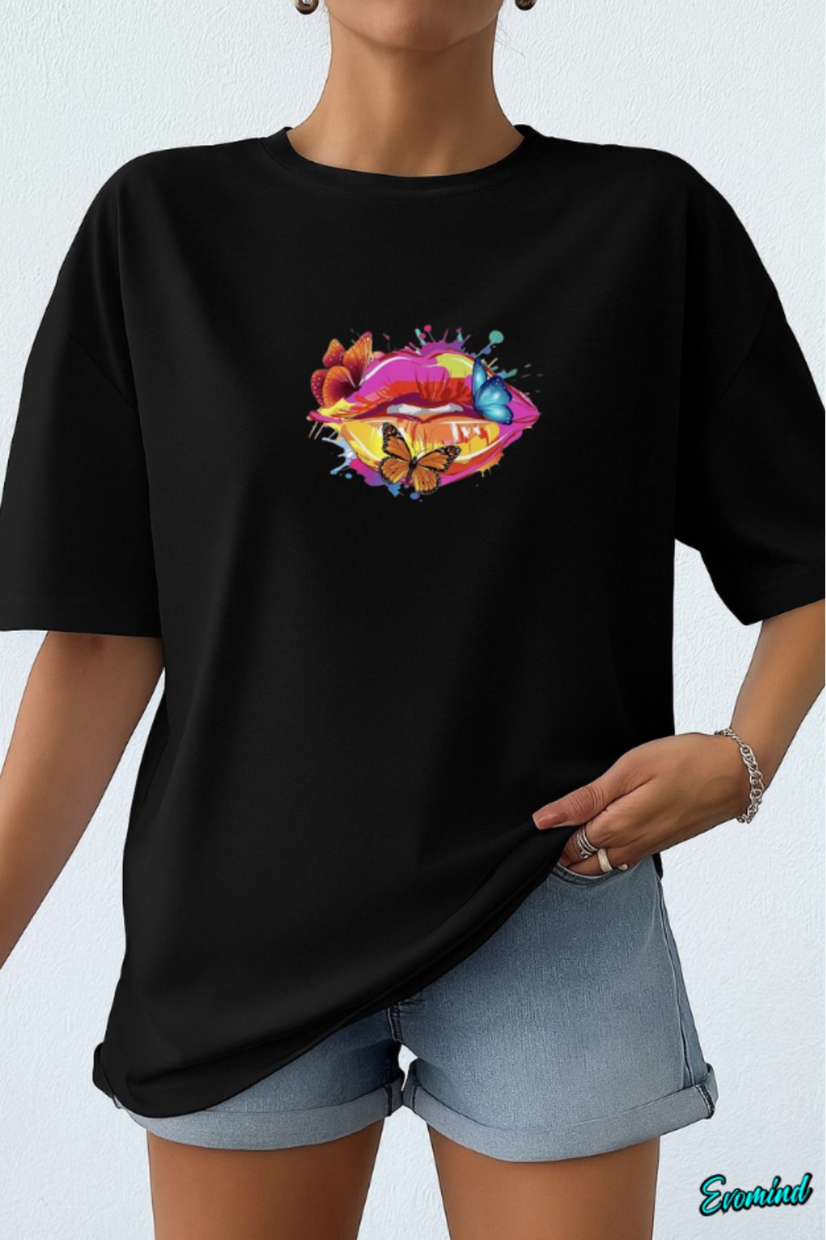 Evomind Dudak Kelebek Baskılı Unisex T-shirt
