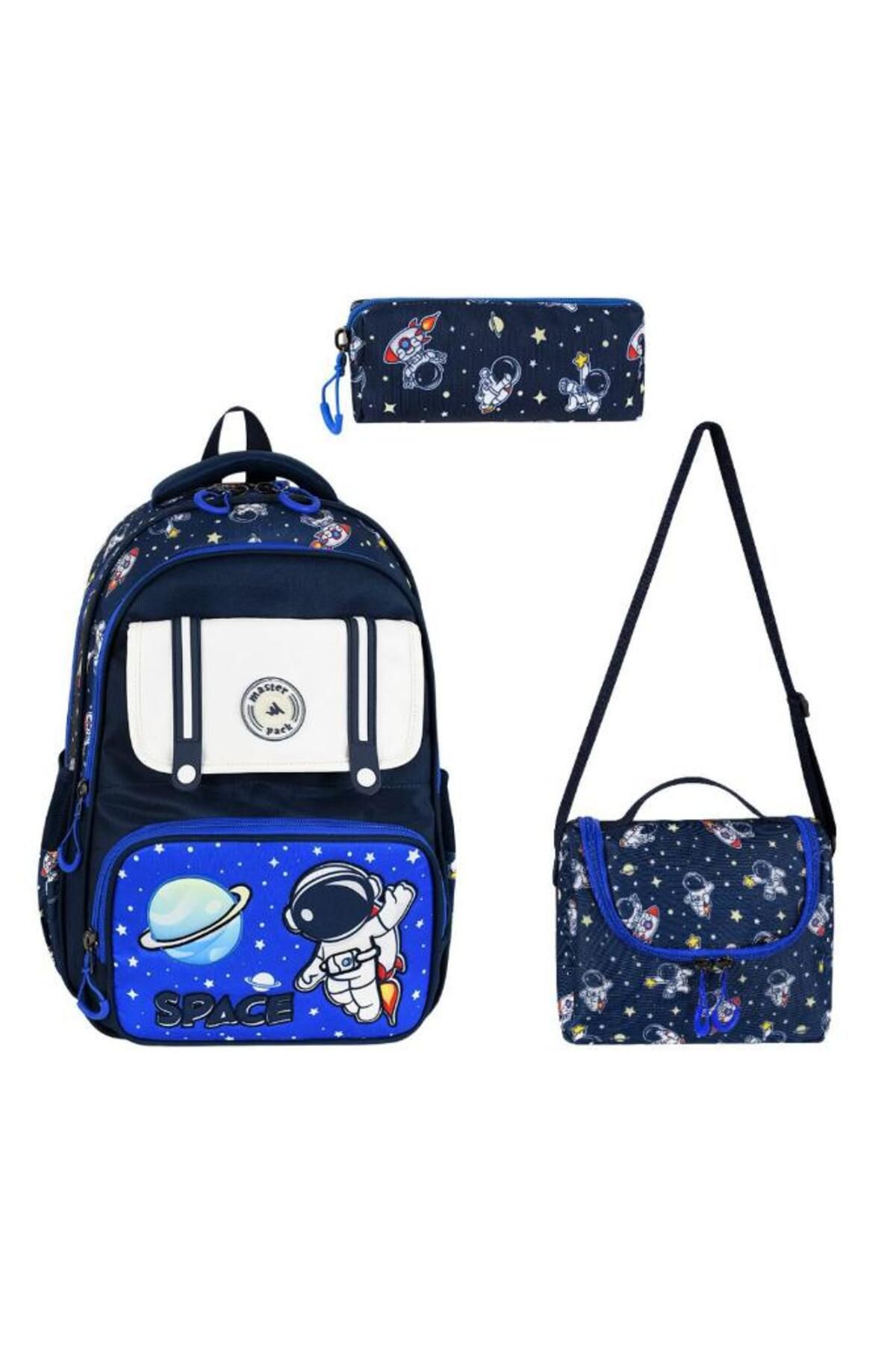 Baginn Erkek İlkokul Çantası 3'lü Set 42*30 Cm Beslenme Çantası Kalem Kutusu Ortopedik Uzay Nasa