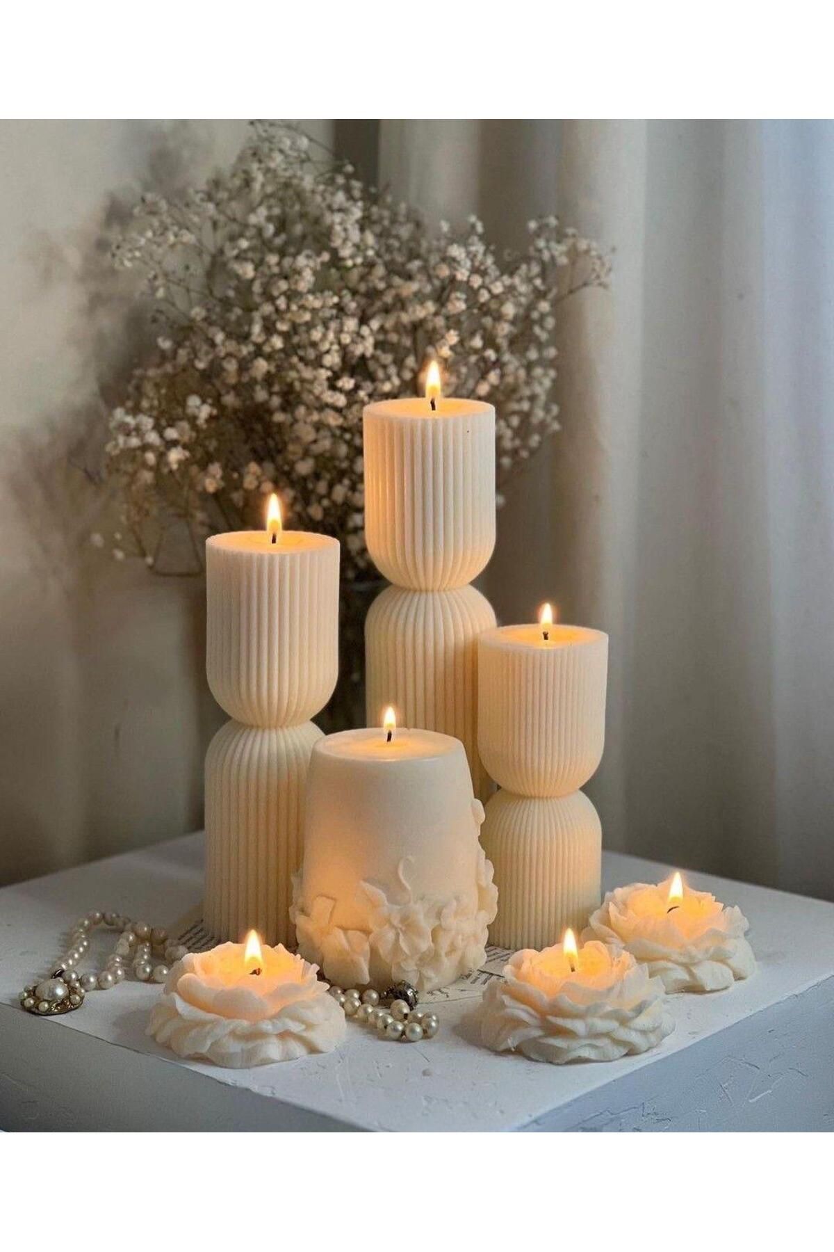SCA CANDLE Dekoratif Mum Çokgen+Gül Toplam 7 Parça