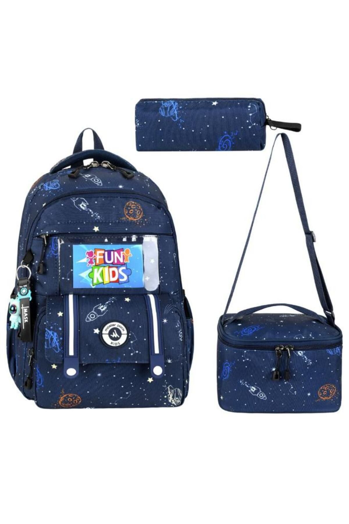 Baginn İlkokul Çantası 3'lü Set 42*30 Cm Beslenme Çantası Kalem Kutusu Ortopedik Sırt Su İtici Kumaş
