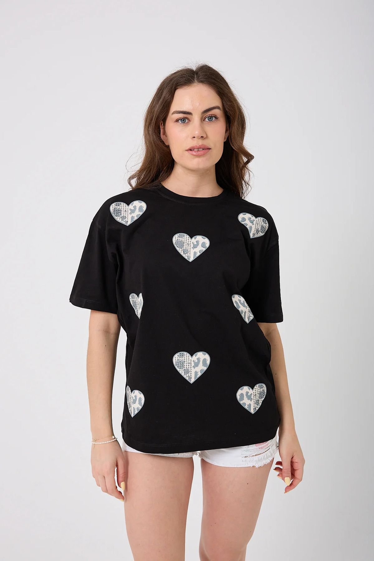 sernoy lomera SL4618 - Oversize TAŞLI KALP Baskılı T-Shirt