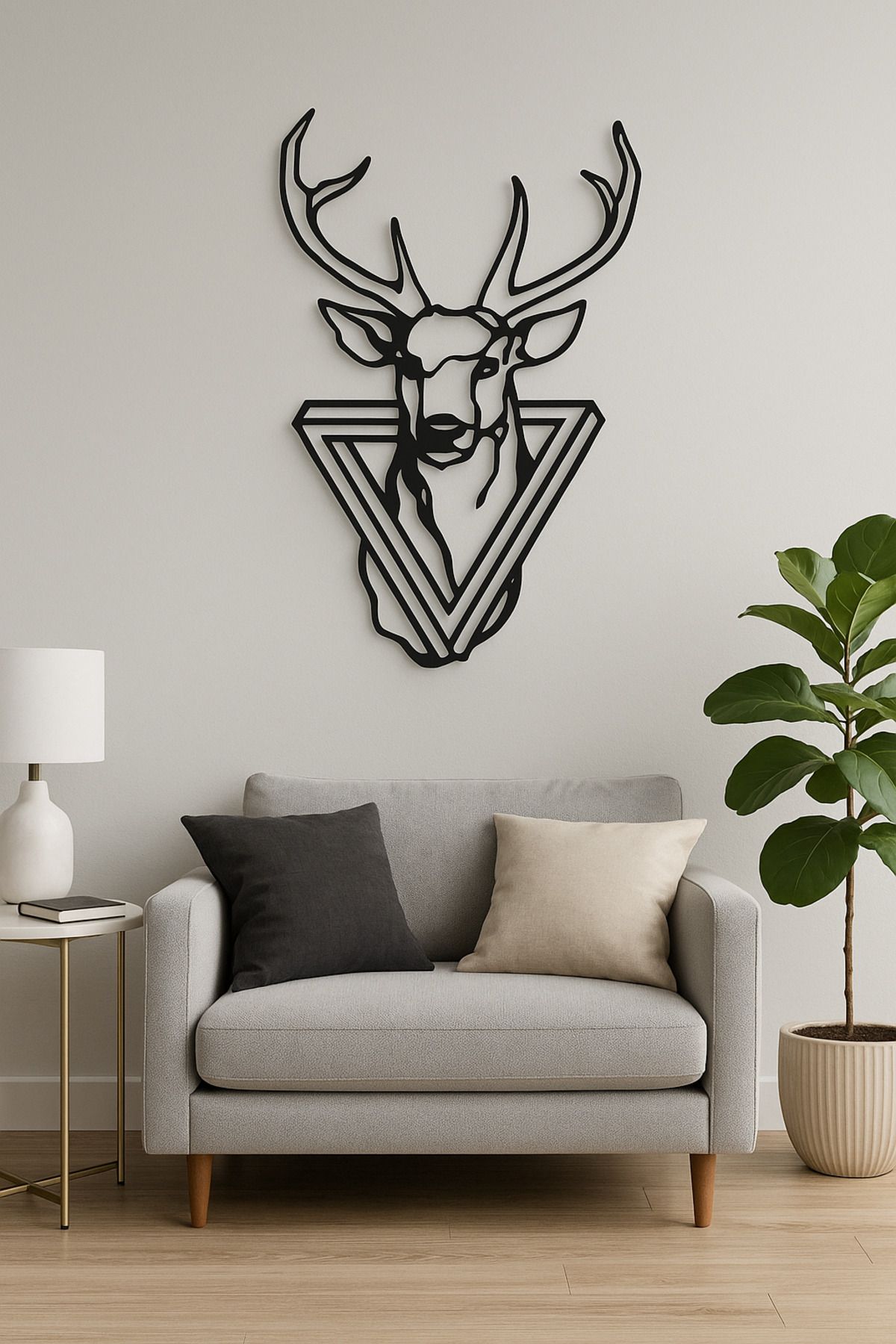 LUNOART Üçgen Çerçeveli Geyik Figürlü Metal Tablo | Modern Duvar Dekoru