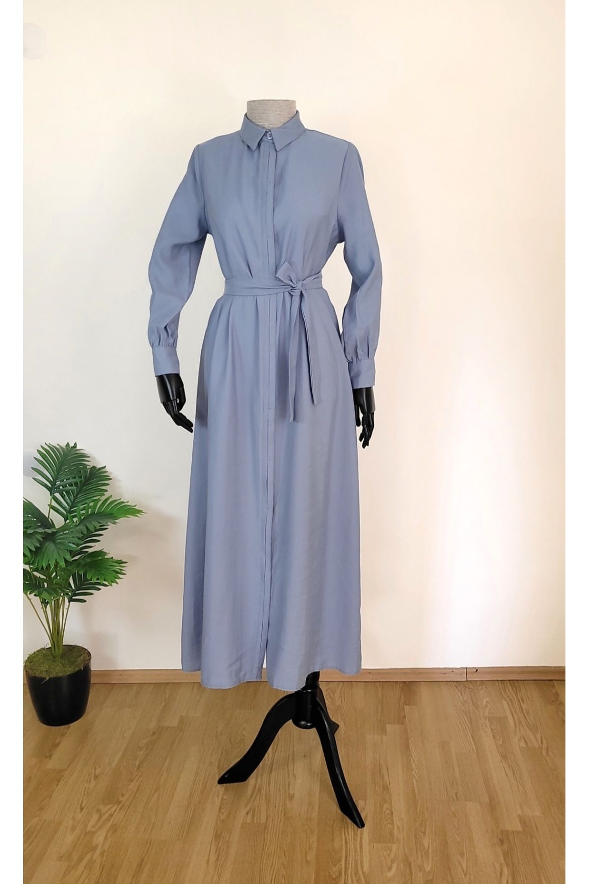 naqshestore Tam Boy Kuşaklı Gömlek Elbise