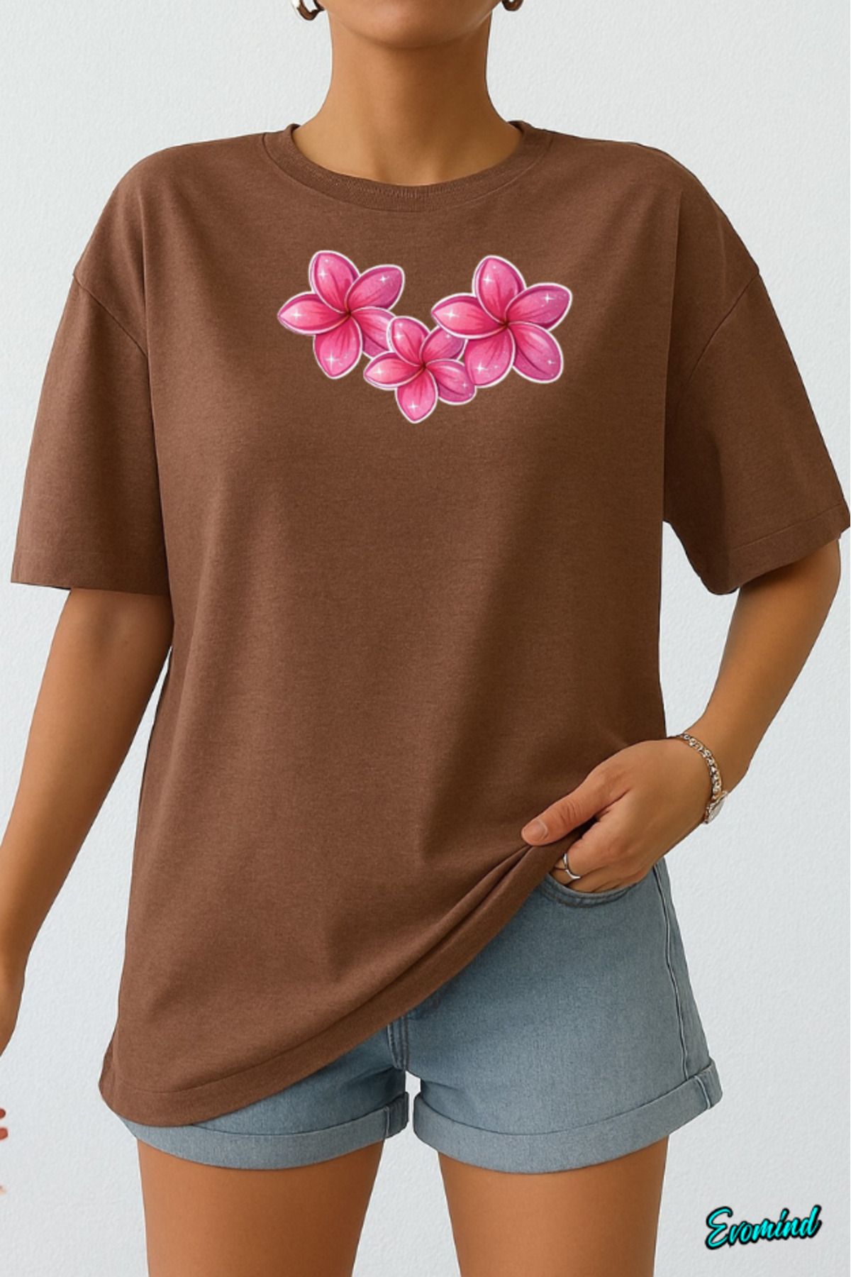 Evomind Pembe Çiçek Baskılı Unisex T-shirt