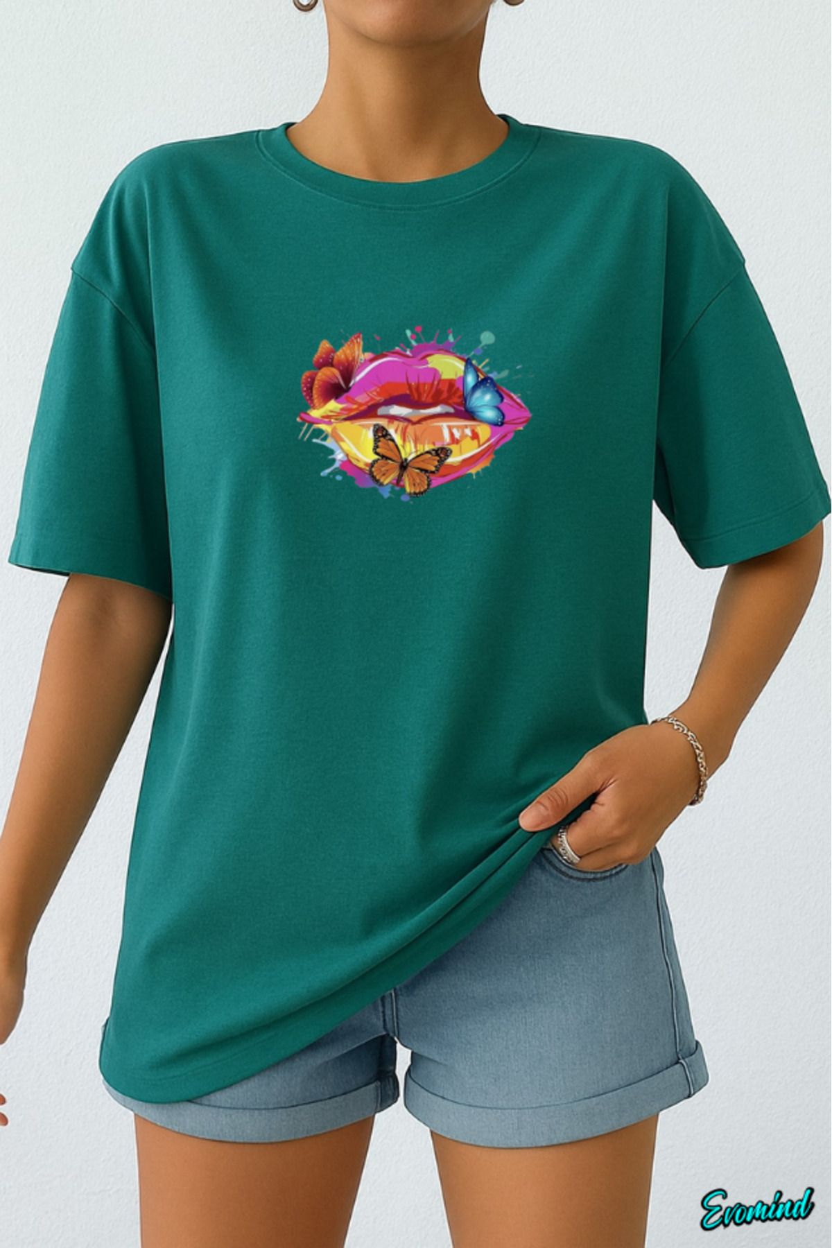 Evomind Dudak Kelebek Baskılı Unisex T-shirt