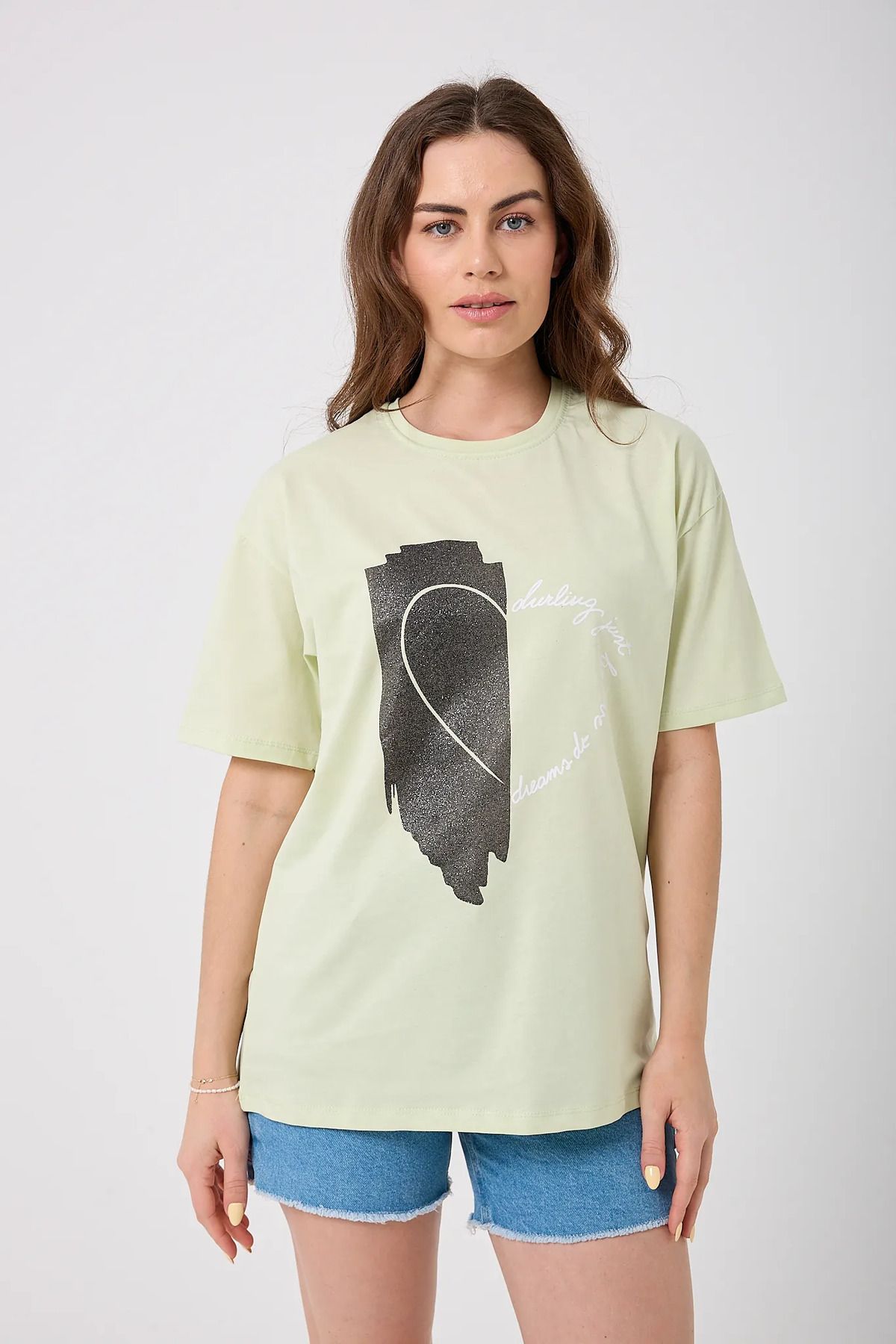 sernoy lomera SL4625 - Oversize Simli Yarım Kalp Baskılı T-Shirt