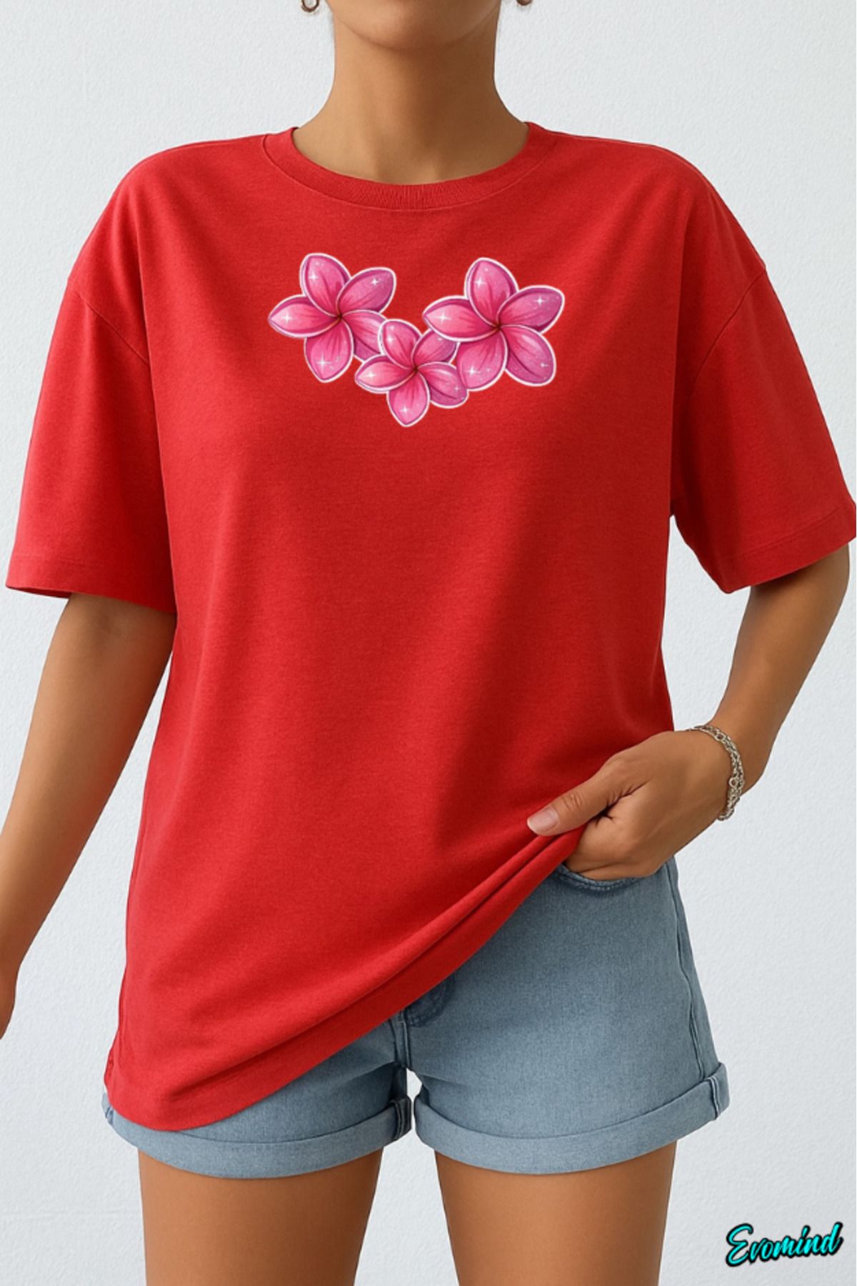 Evomind Pembe Çiçek Baskılı Unisex T-shirt