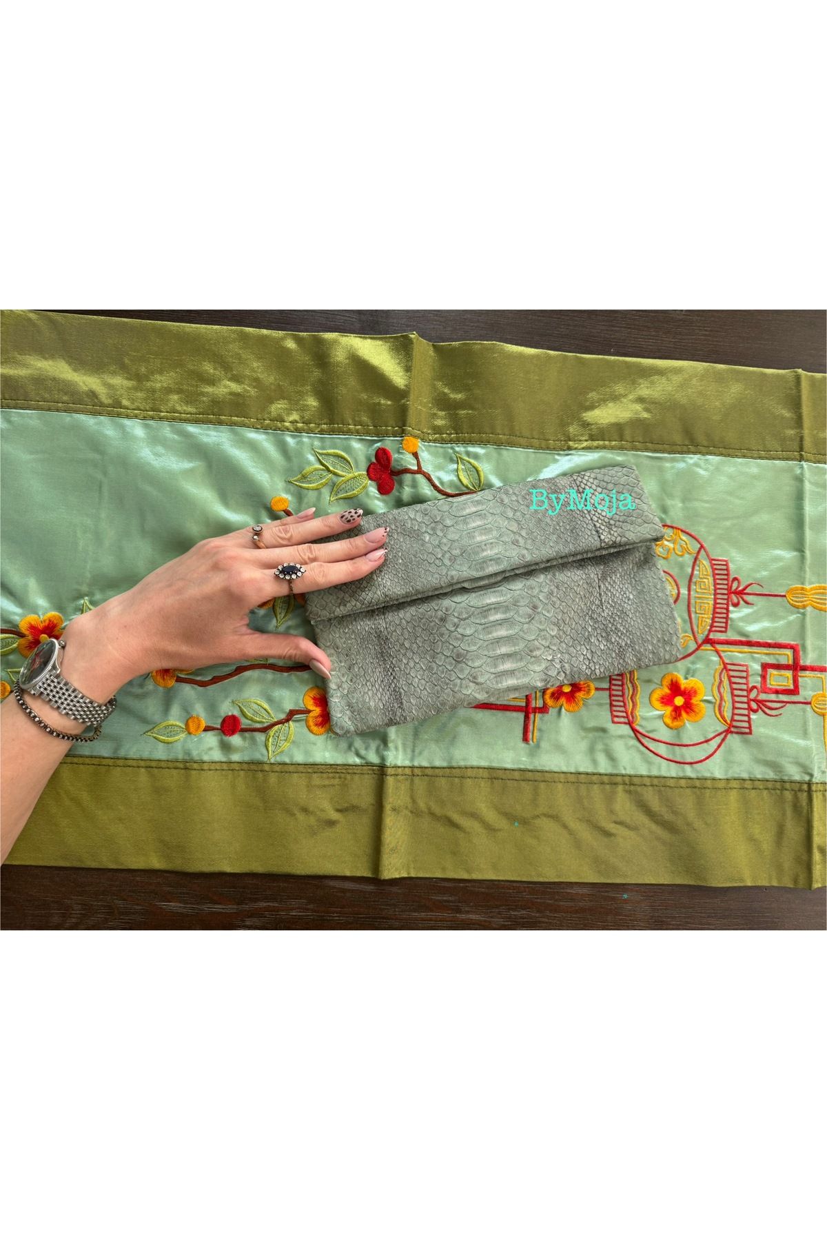 deri Kadın Çanta Hakiki Yılan Piton Derisi Clutch Çanta Aksesuar Python Deri 26cm/16cm Mint Yeşil