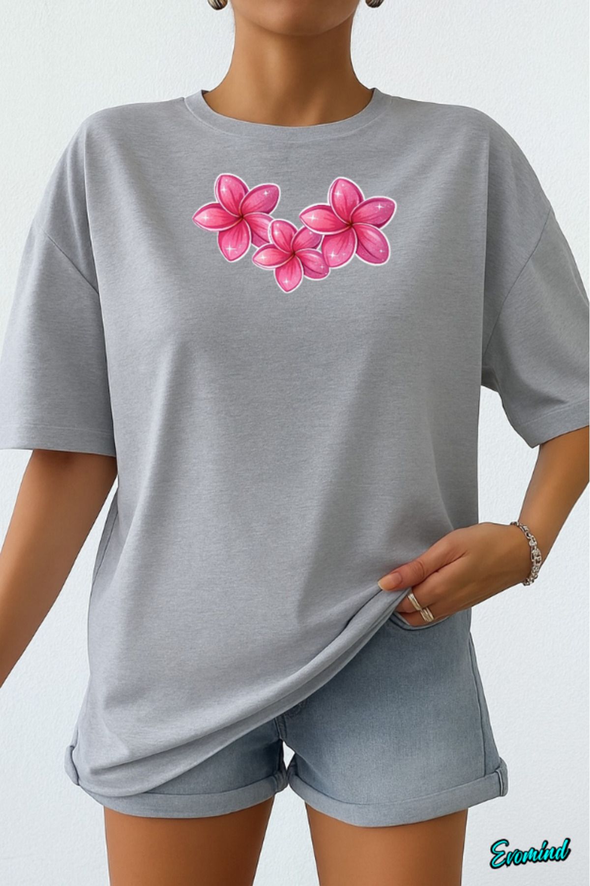 Evomind Pembe Çiçek Baskılı Unisex T-shirt