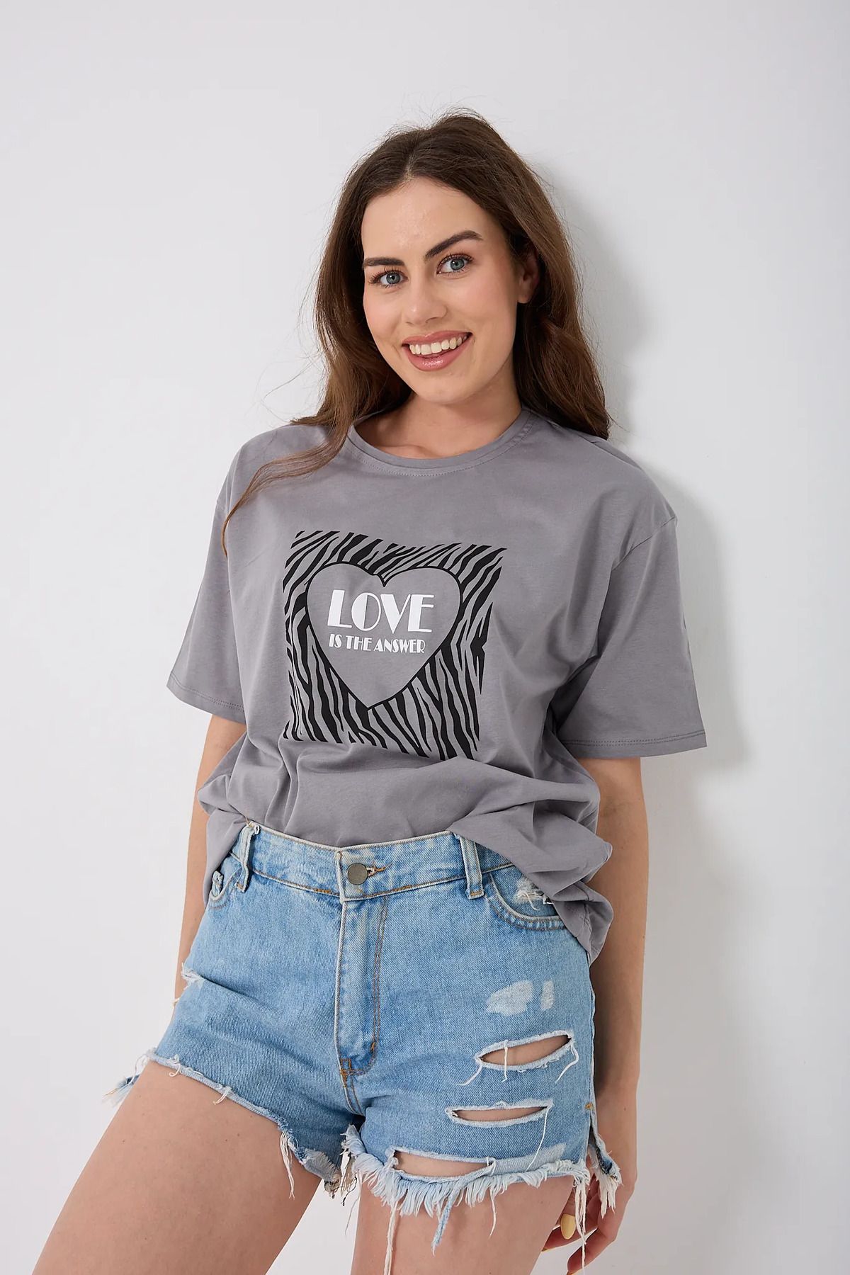 sernoy lomera SL4619 - Oversize LOVE IS THE ANSWER Yazı Baskılı T-Shirt