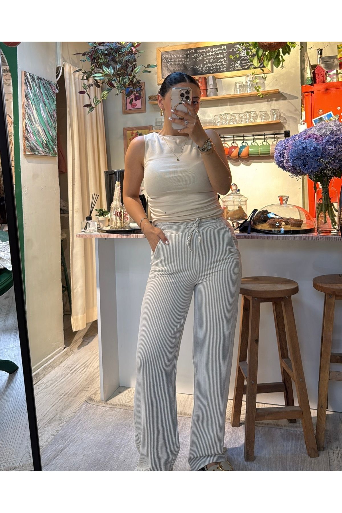 Voga Butik Kadın Beli Lastikli Yüksek Bel Çizgili Pantolon