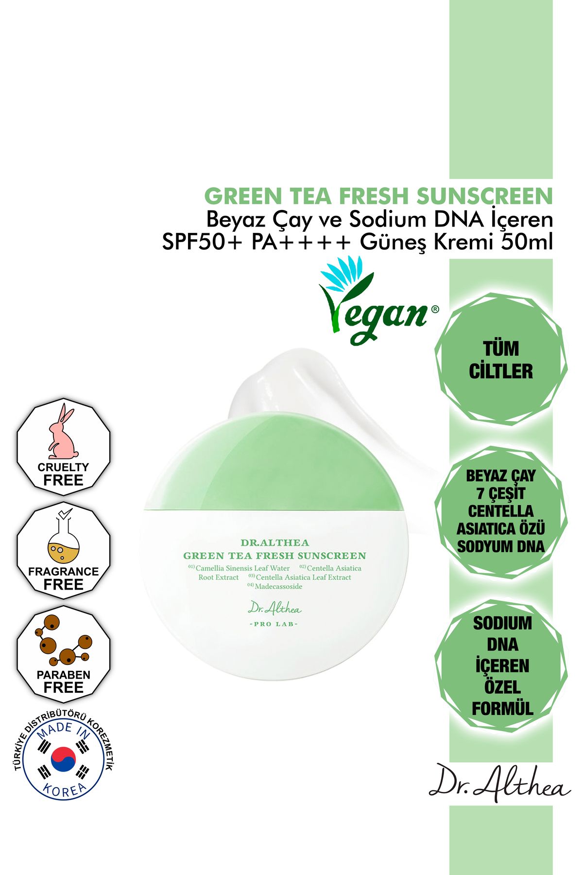 Dr. Althea Beyaz Çay ve Sodium DNA İçeren Green Tea Fresh Güneş Kremi Spf50+ Pa++++ 50ml