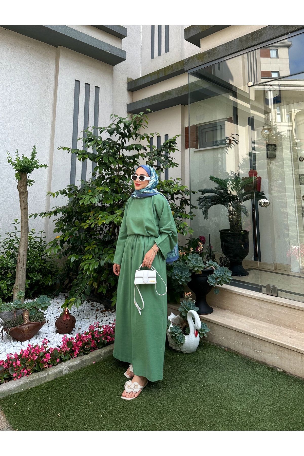 Moda Lippa Organik Şile Bezi Çağla Yeşil Etekli Takım