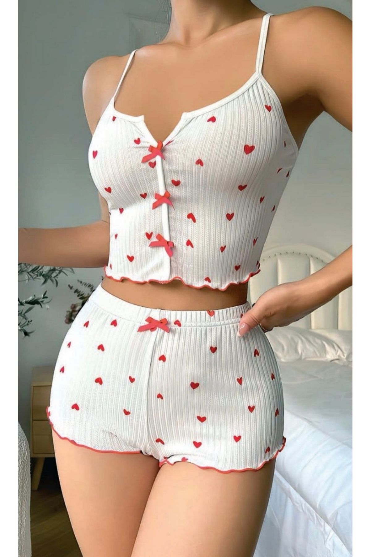 NightLove Nightlight 3739 Kadın Beyaz Kalpli Sırt Detaylı Şort Atlet Takım