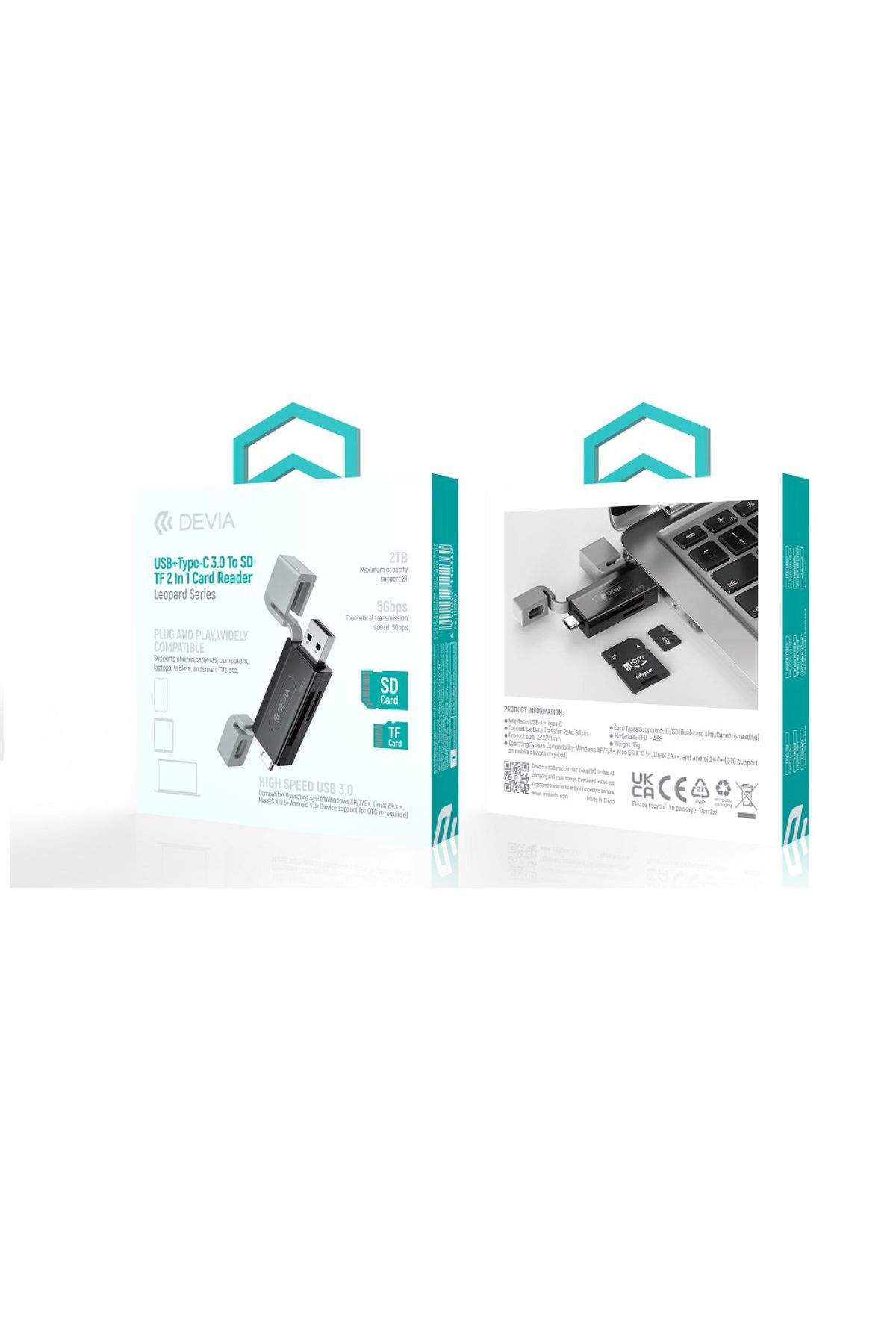 Devia-USB 3.0 microSD and SD memory card reader with USB-C and USB connection, reads 2TB 5