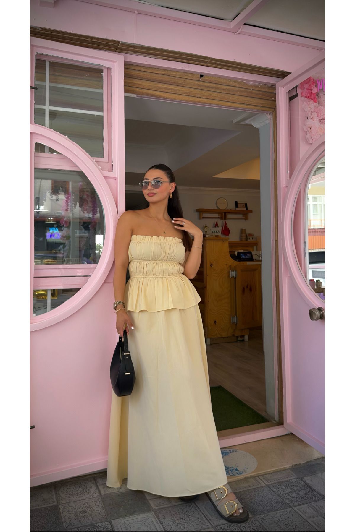 Voga Butik Kadın Açık Sarı Straplez Bluz ve Etek Takım