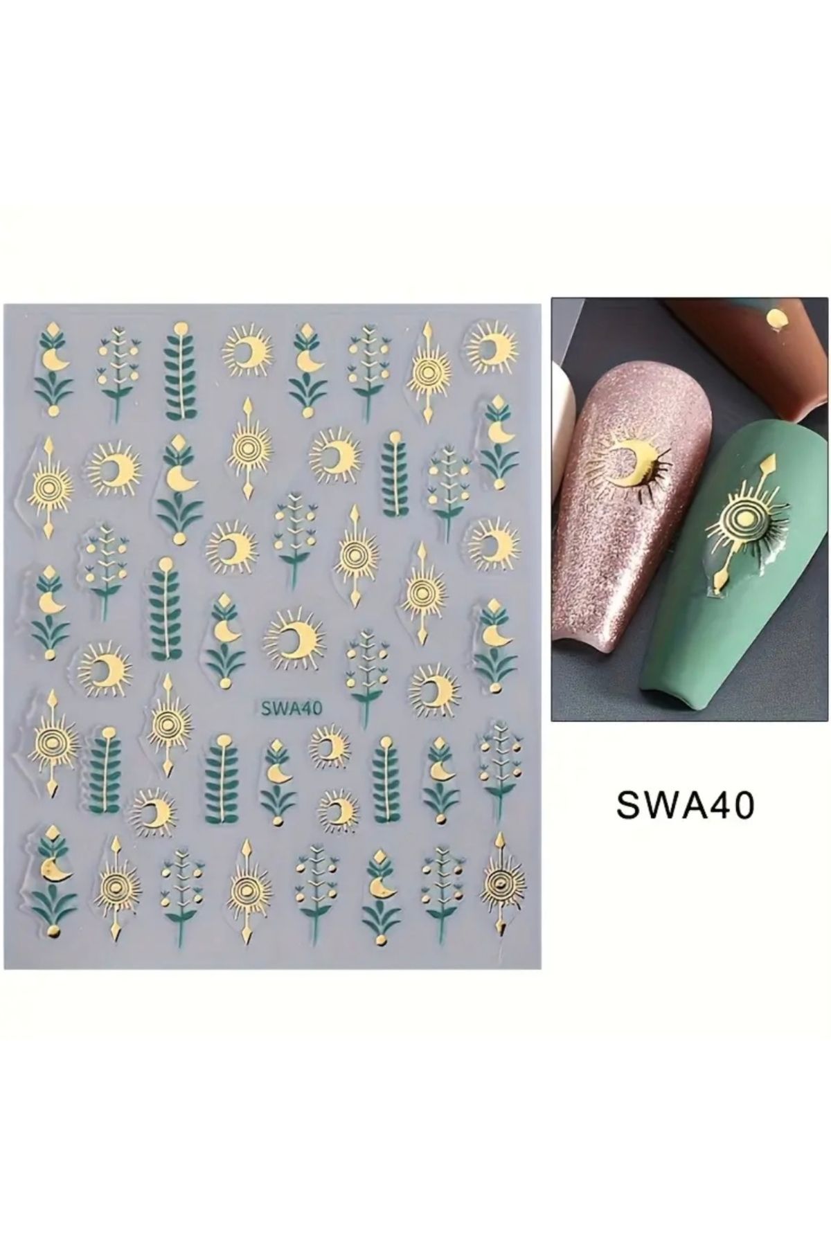 AEÇTASARIM 1 Adet Bohem Tarz Yeşil Gold Tırnak Süsleme Stickerı, Nail Art Süslemeleri