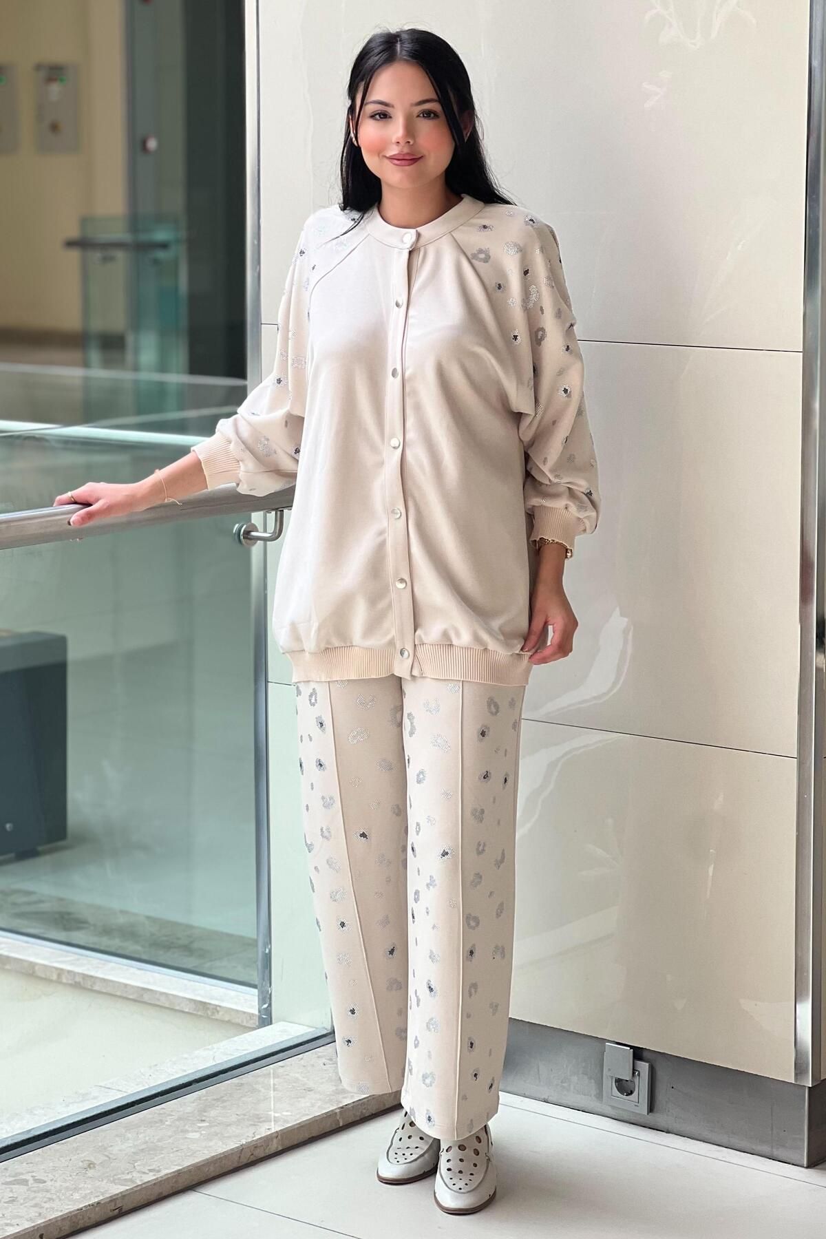 Ghisa Minik Taş İşlemeli Çıt Çıtlı Pantolonlu Modal Takım