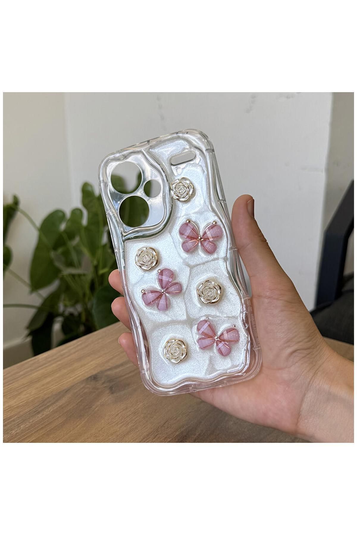 Pro Aksesuar Xiaomi Redmi Note 13 Pro Plus 5G Uyumlu Kılıf Kelebekli Floral Silikon Kılıf Rose Gold