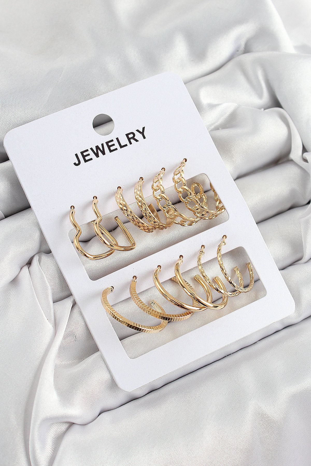 norsary Pirinç Karışık Halka Model Gold Renk 6 Çift Kadın Küpe Set