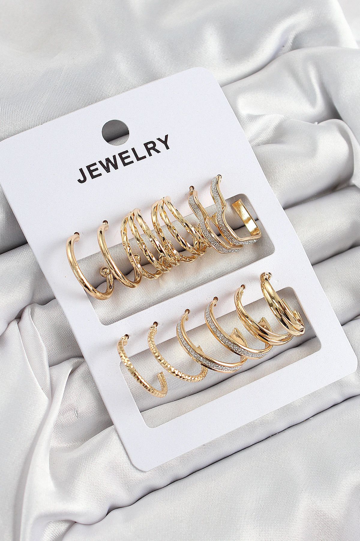 norsary Pirinç Karışık Halka Model Gold Renk 6 Çift Kadın Küpe Set