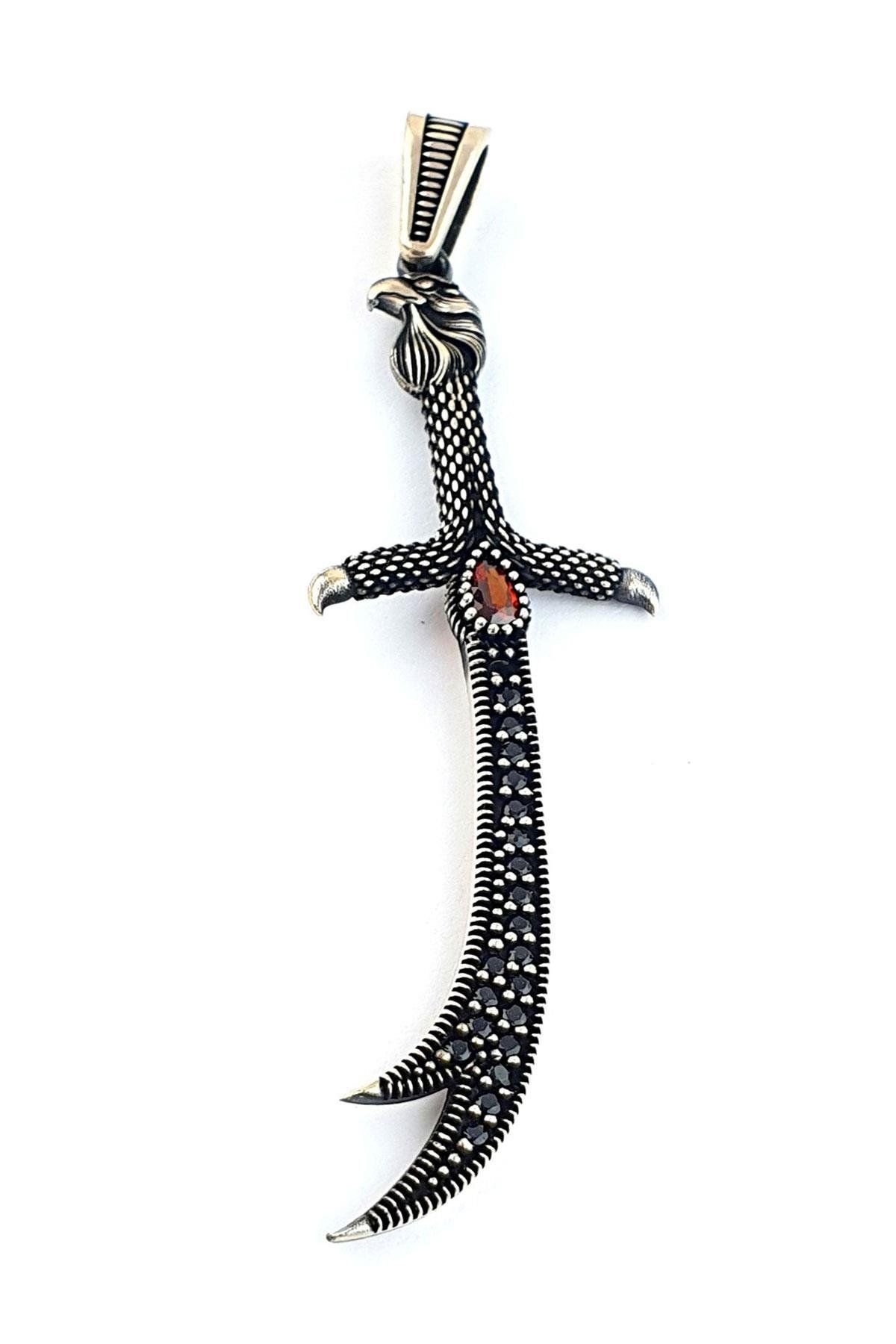 OSESHOP Kartal Figürlü Granat Oniks Taşlı 925 ayar Gümüş Zülfikar Kolye Ucu