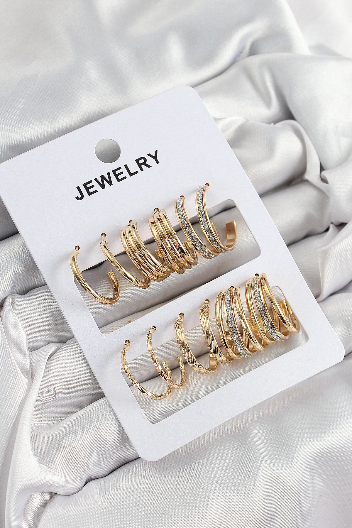 norsary Pirinç Karışık Halka Model Gold Renk 6 Çift Kadın Küpe Set