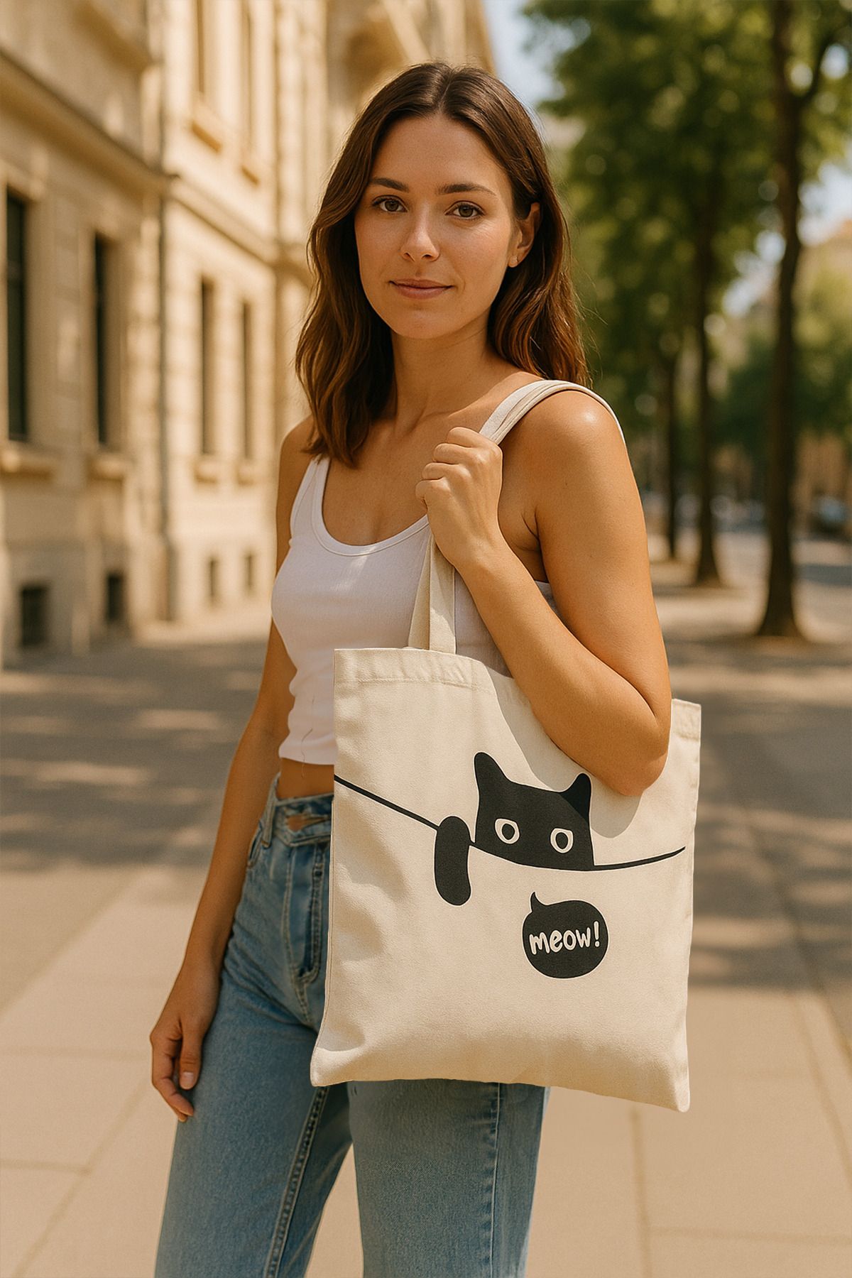 Rhythm Meow Kedi Baskılı Bez Omuz Çantası