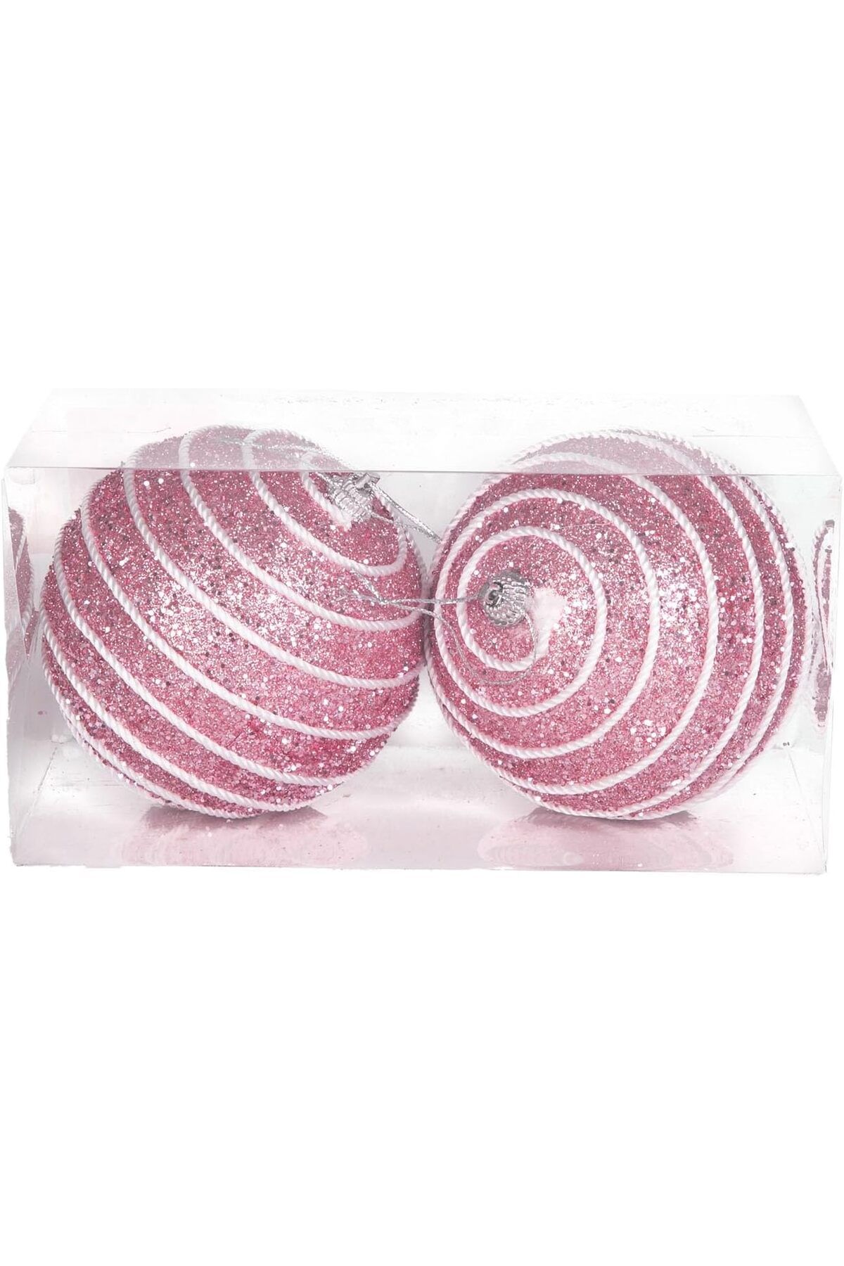 Mena Rise Yılbaşı Topu Pullu Beyaz Şerit İp Desenli 2'li Paket Pembe 9 Cm. 1064272