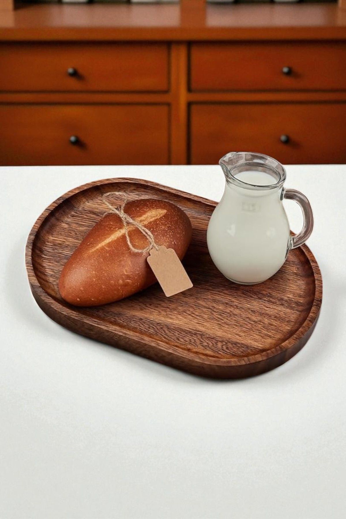 OK Wood Çok Amaçlı Ahşap Oval Sunum Tepsisi Kahve Servis Tabağı Çay Yanı Kurabiye Tabak Naturel Koyu Renk