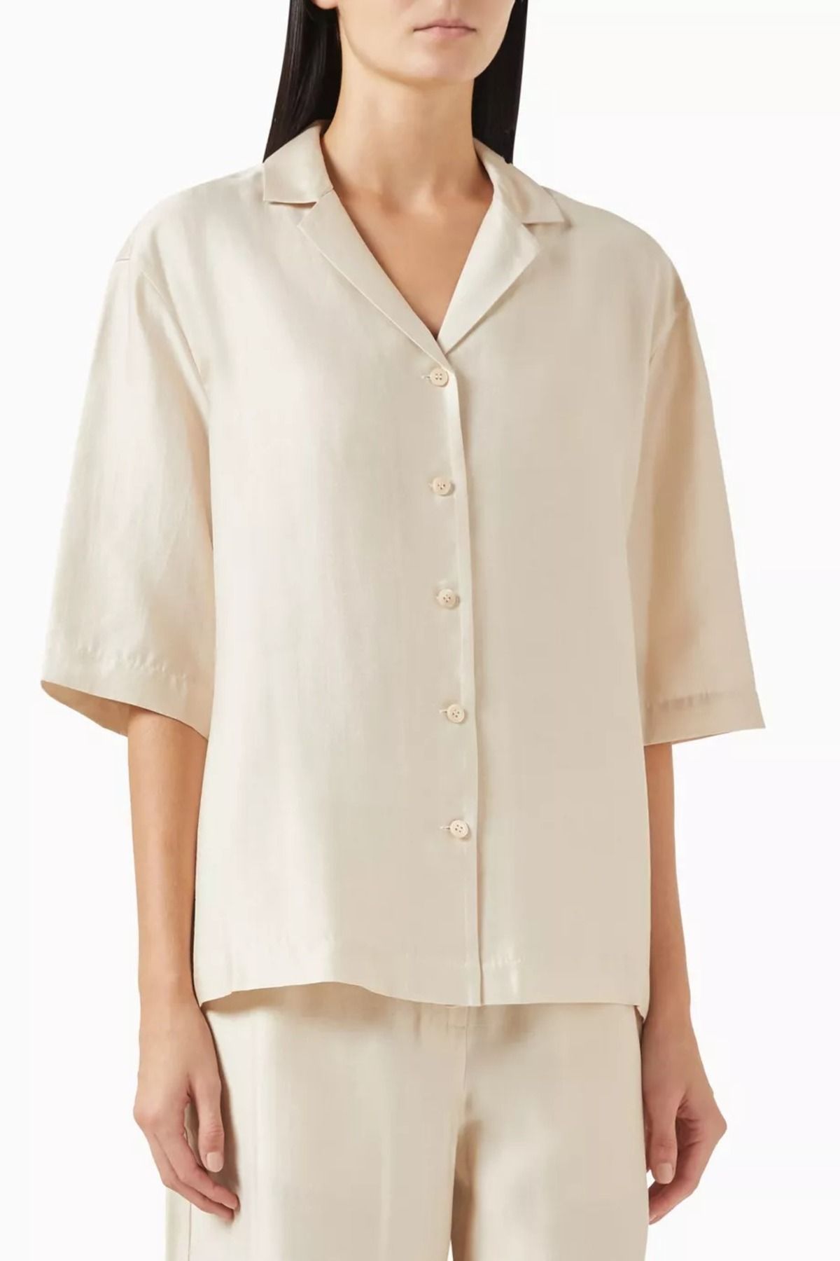 12storeez Takisada Satin Shirt, Açık Bej, Hafif ve Rahat Yazlık Gömlek