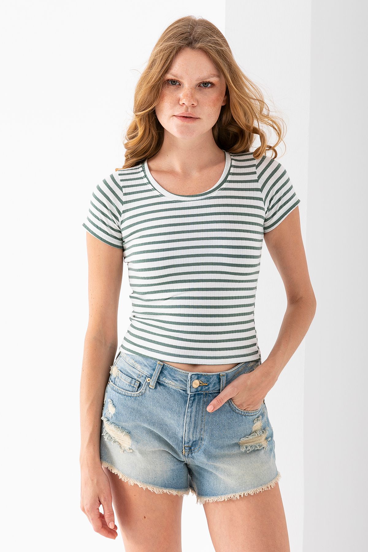 GİYSA Kadın Bisiklet Yaka Çizgili Basic Body Yeşil - 25509