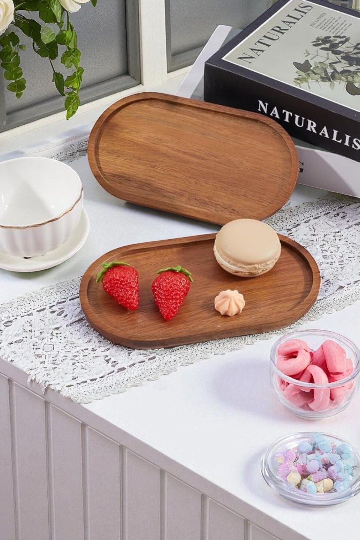 OK Wood Lüks Ahşap Oval Servis & Sunum Tepsisi Kahve Servis Tabağı Çay Yanı Kurabiye Tabak Naturel Koyu Renk