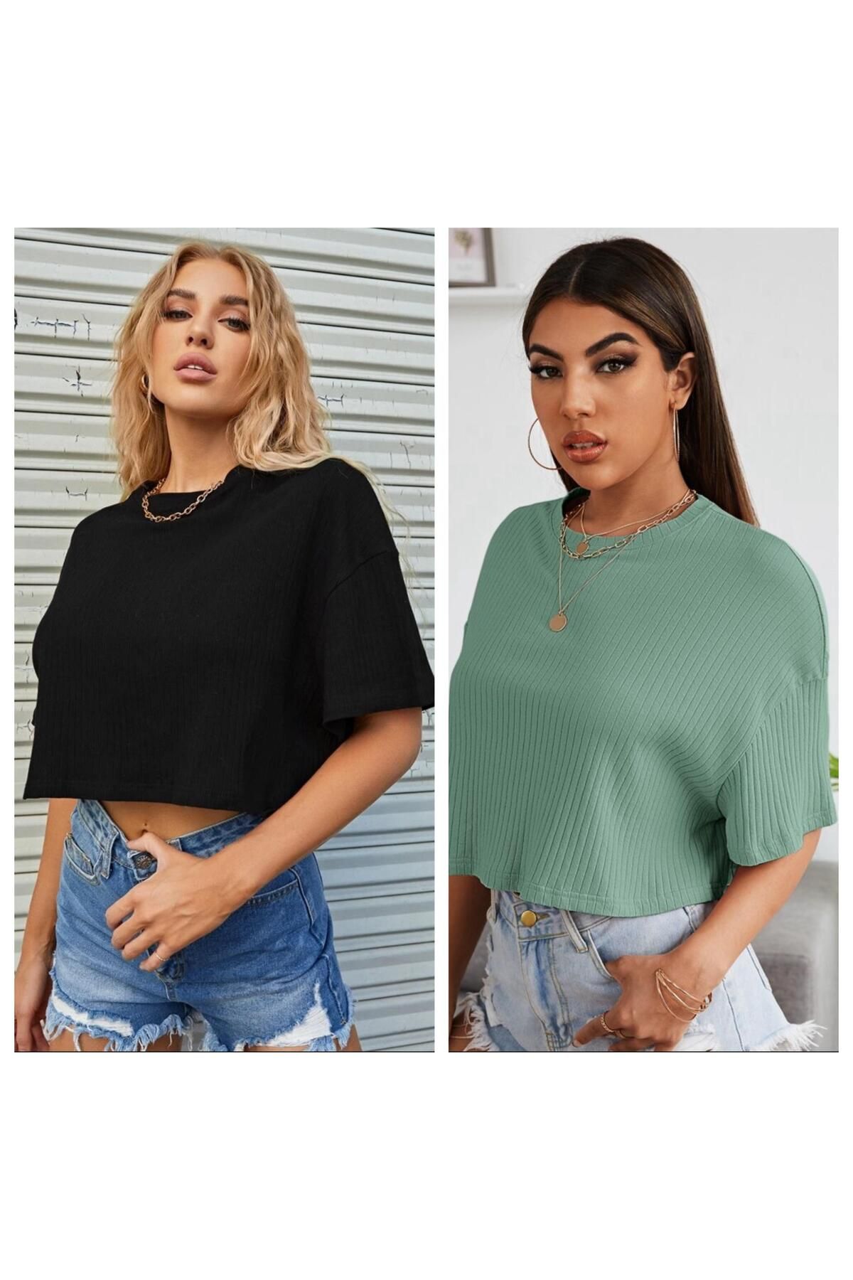 bemmoda Kadın 2 Renk 2'li Set Fitilli Duble Kol Bol Kesim T-shirt Crop