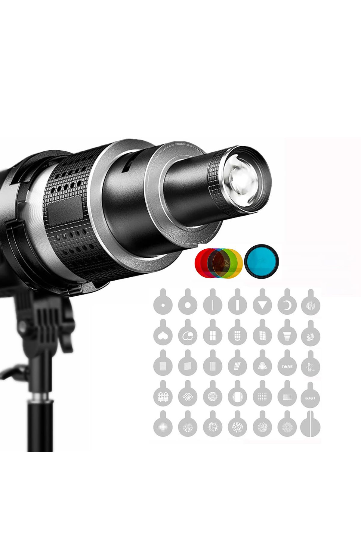 Gdx SN-02 120mm Çaplı Optik Snoot Bowens Bağlantılı 35 Desen Kartlı 5 Renkli Filtreli