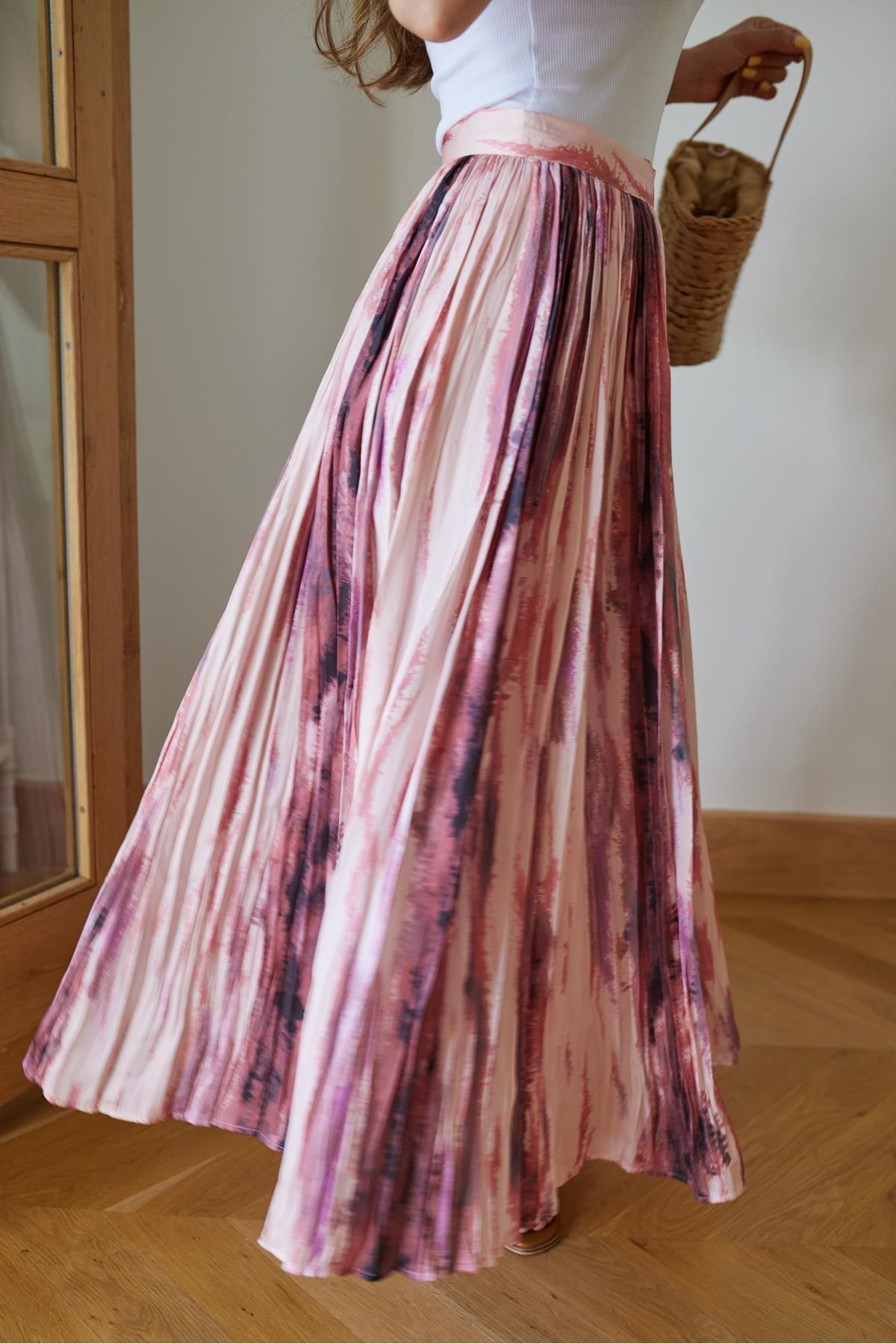 ŞANTAL Pembe Batik Desen Pileli Etek