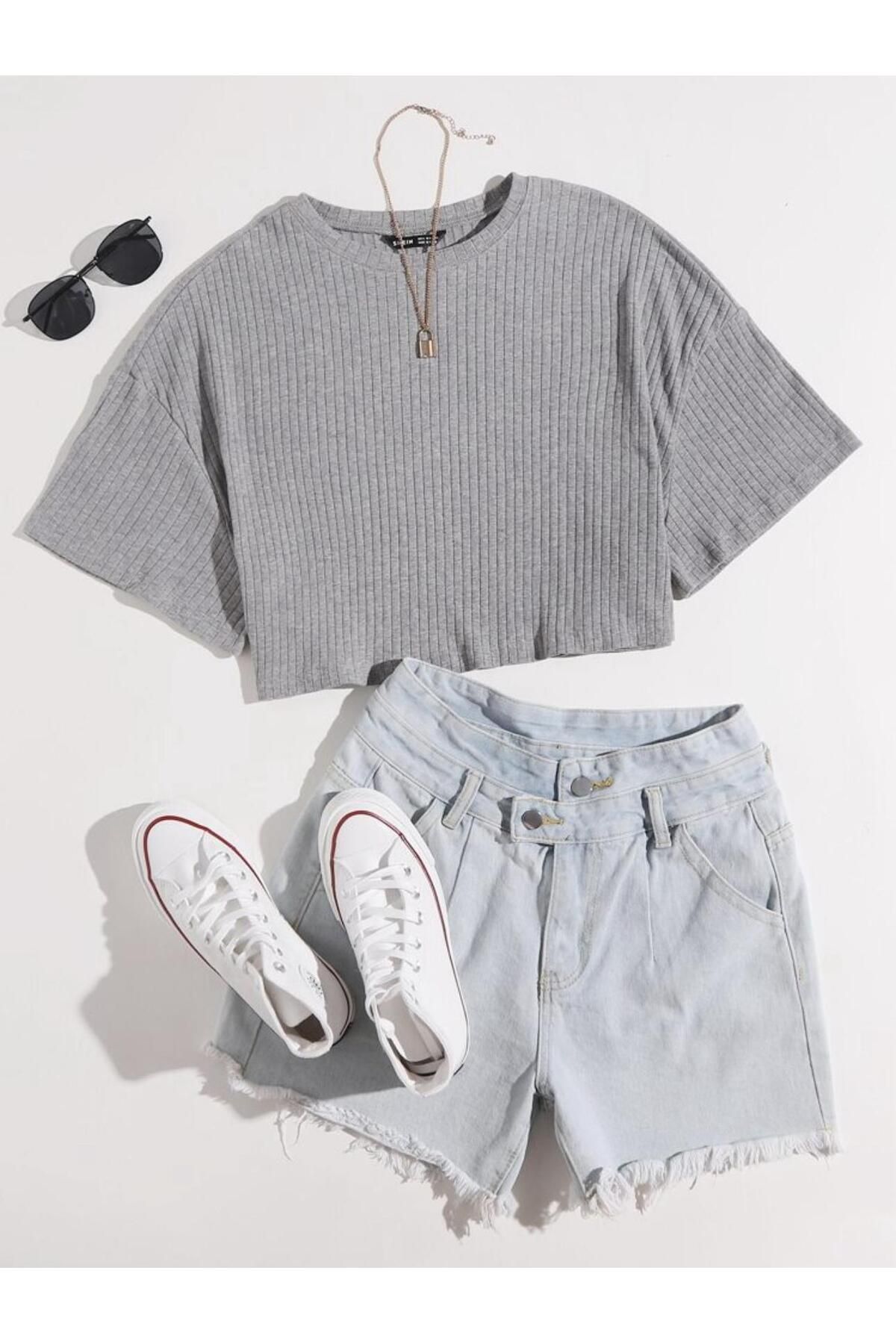 bemmoda Kadın Fitilli Desen Oversize Duble Kol Crop T-shirt