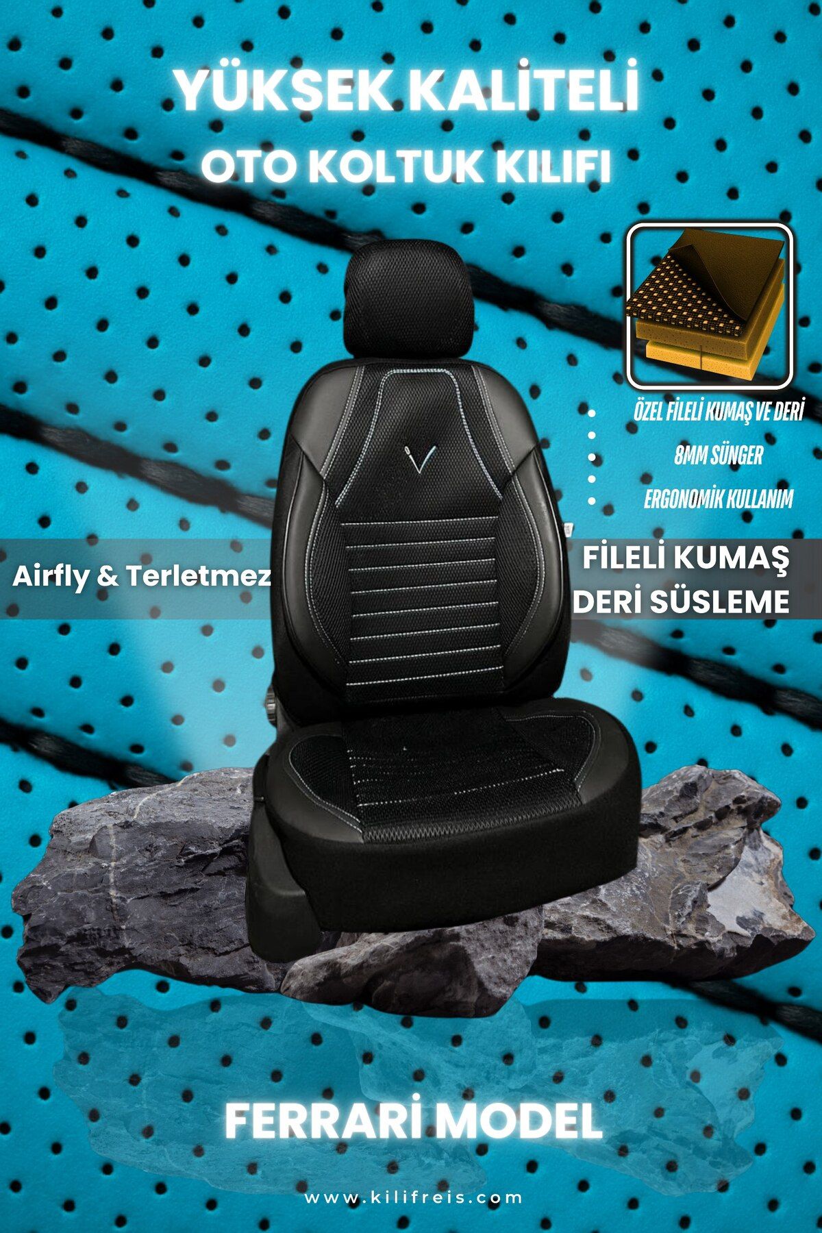 KILIFREİS FERRARI MODEL TERLETMEZ TURKUAZ RENK SIYAH DERİ KOLTUK KILIFI & Ön Arka 5 Koltuk Tam Set