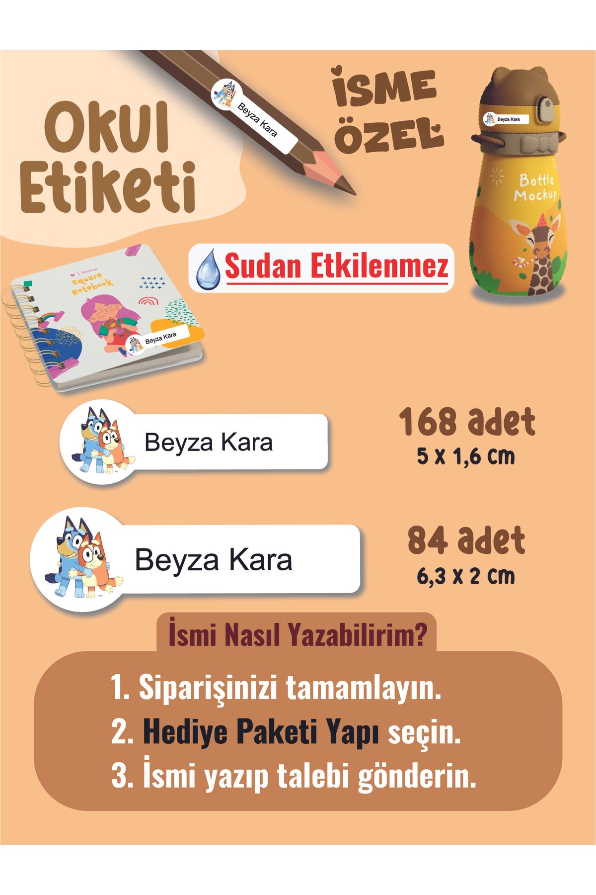YUNUS COPY Okul Etiketi Kalem Defter Etiketi Bluei Temalı Özel İsim Yazılabilen Etiket - 252Adet