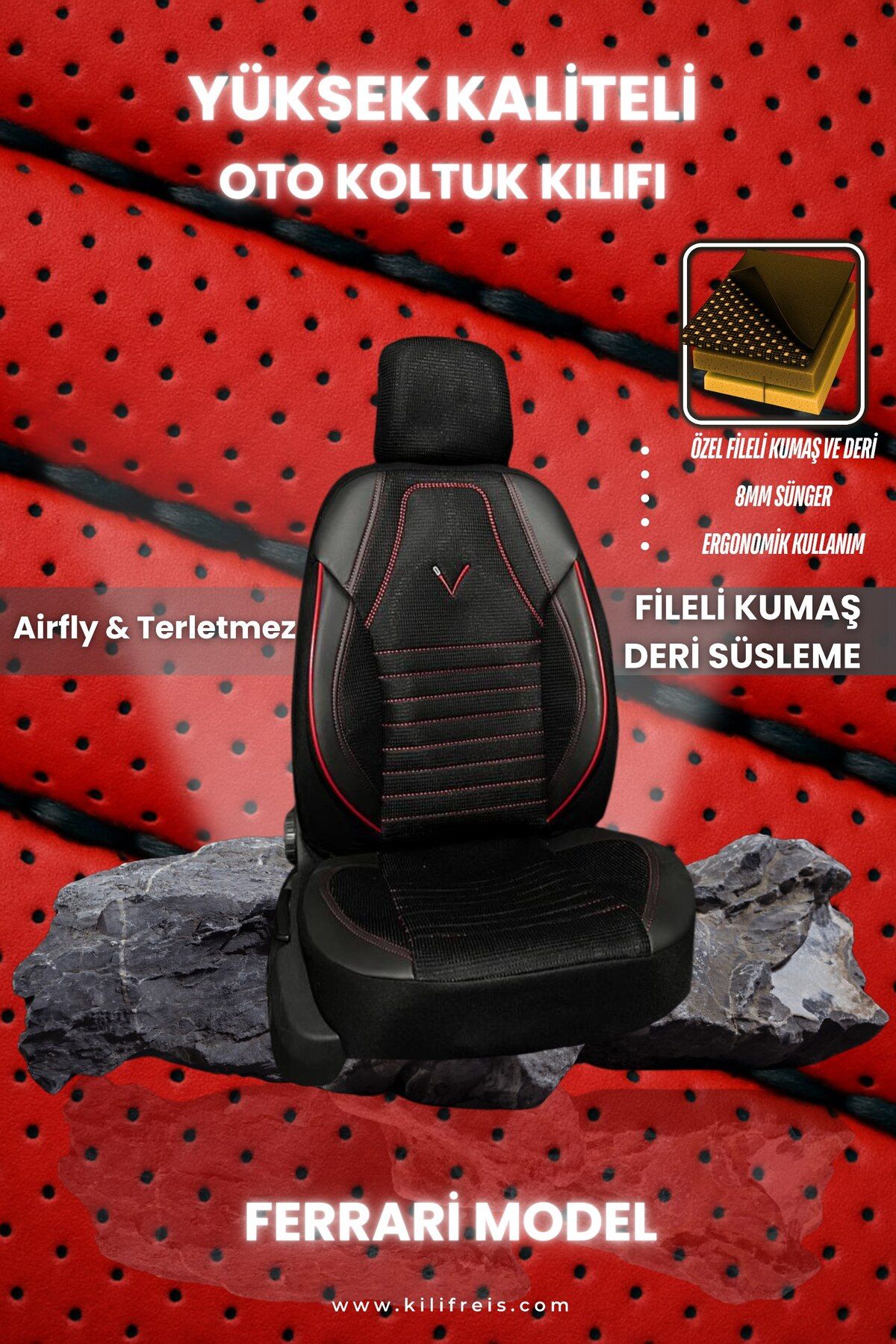 KILIFREİS FERRARI , TERLETMEZ SIYAH RENK KIRMIZI NAKIŞ KOLTUK KILIFI & Ön Arka 5 Koltuk Tam Set