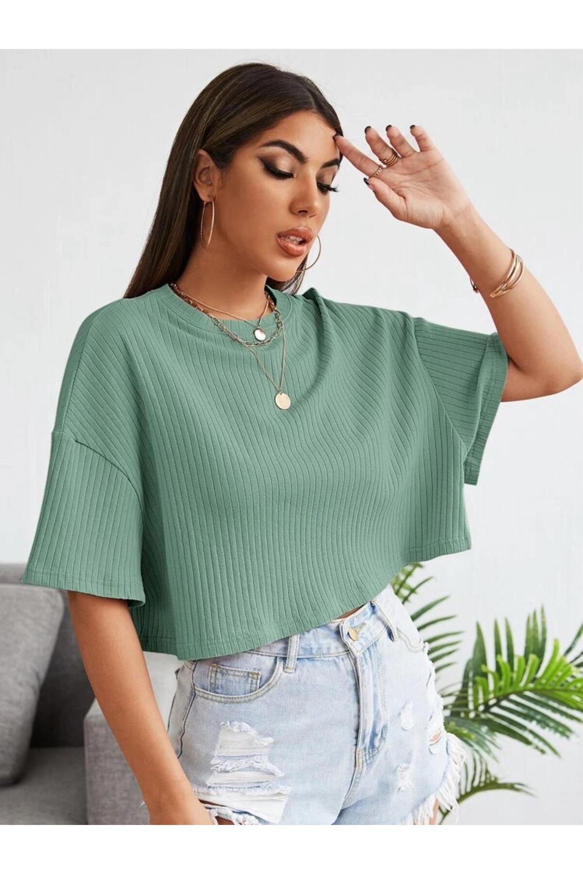 bemmoda Kadın Fitilli Desen Oversize Duble Kol Crop T-shirt
