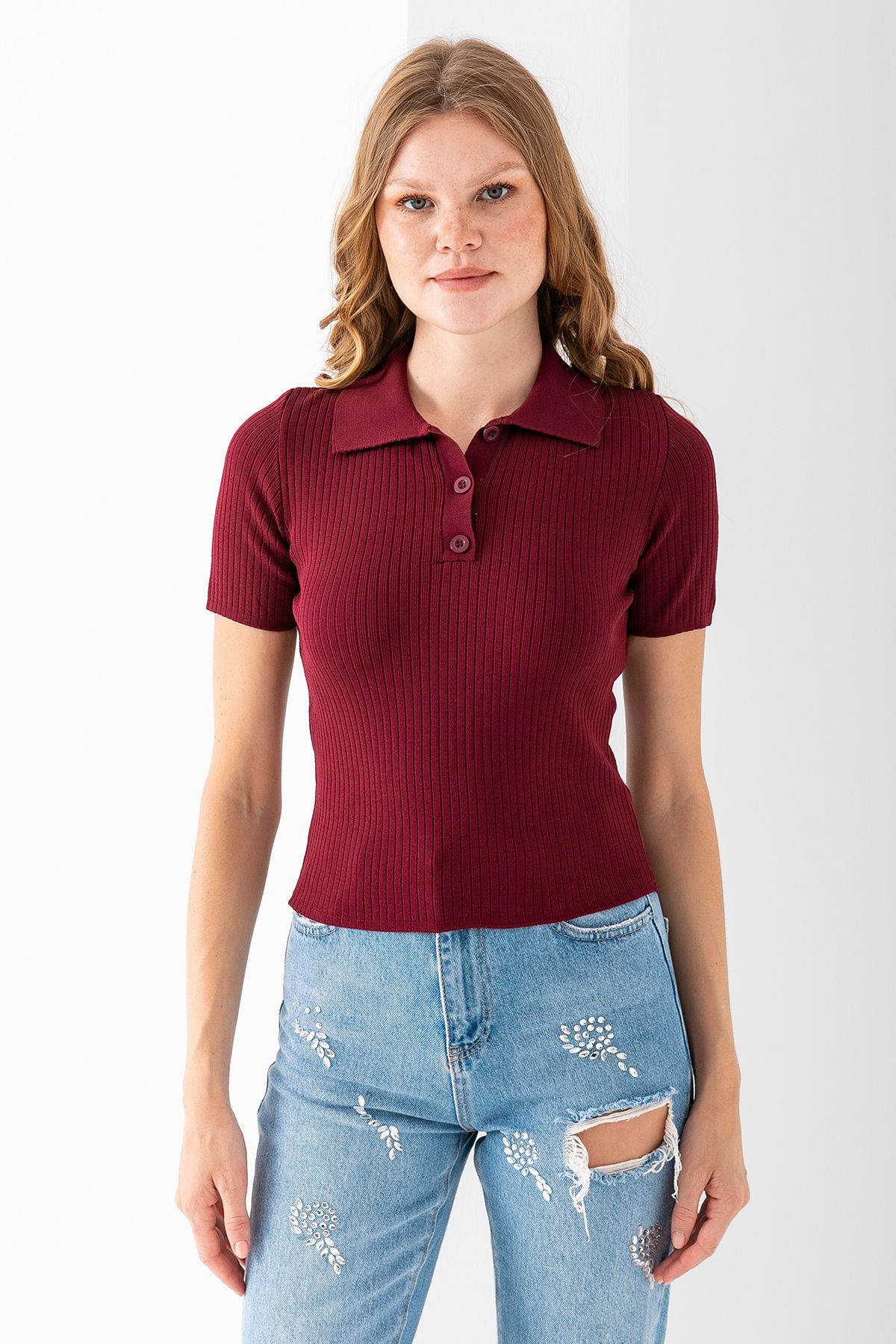 GİYSA Kadın Polo Yaka Düğme Detaylı Triko Basic T-Shirt Bordo - 4057