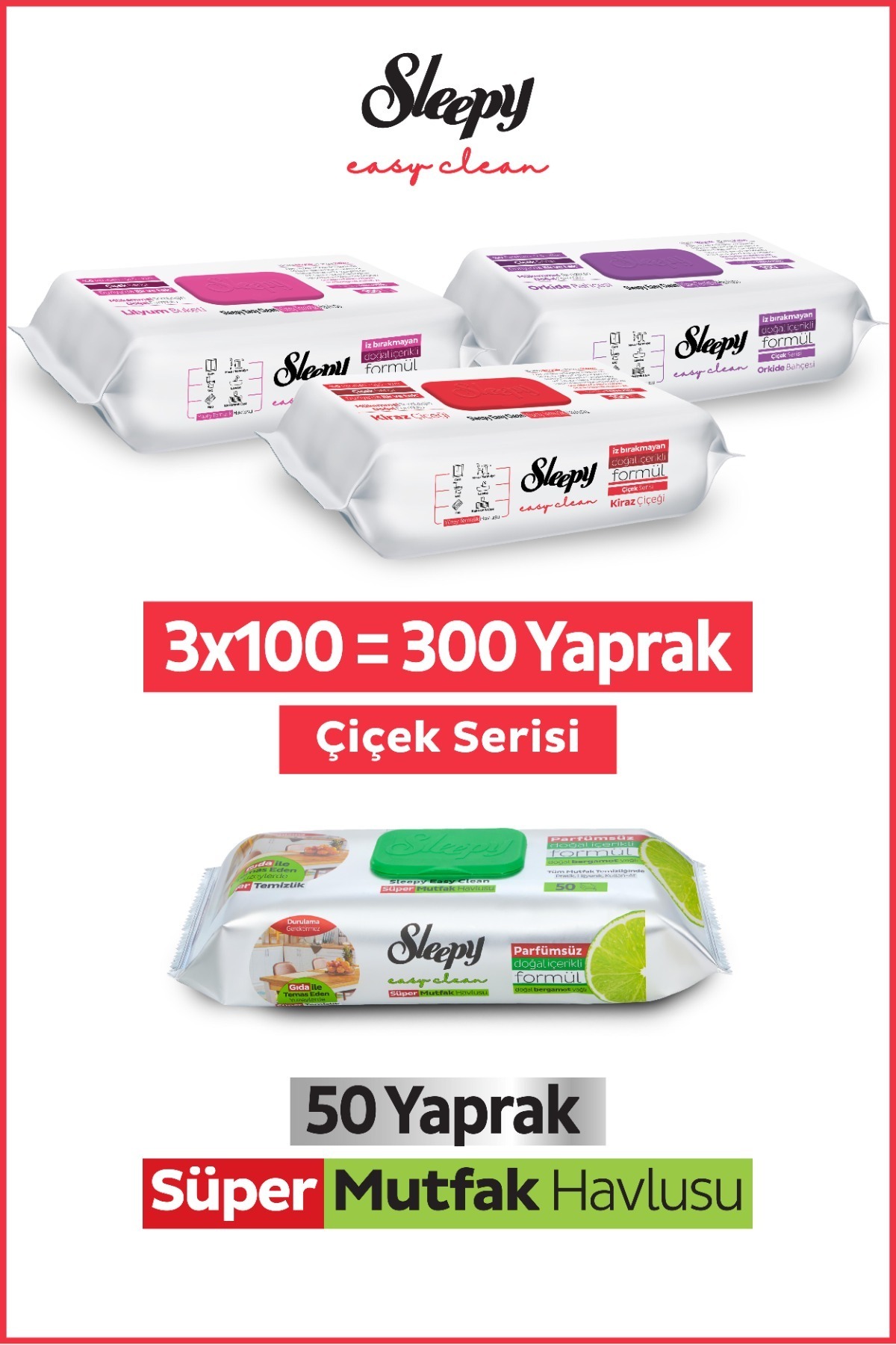 Sleepy Easy Clean Çiçek Serisi&Bergamot Yağlı Süper Mutfak Yüzey Temizlik Havlusu&Mendili(3x100+50)