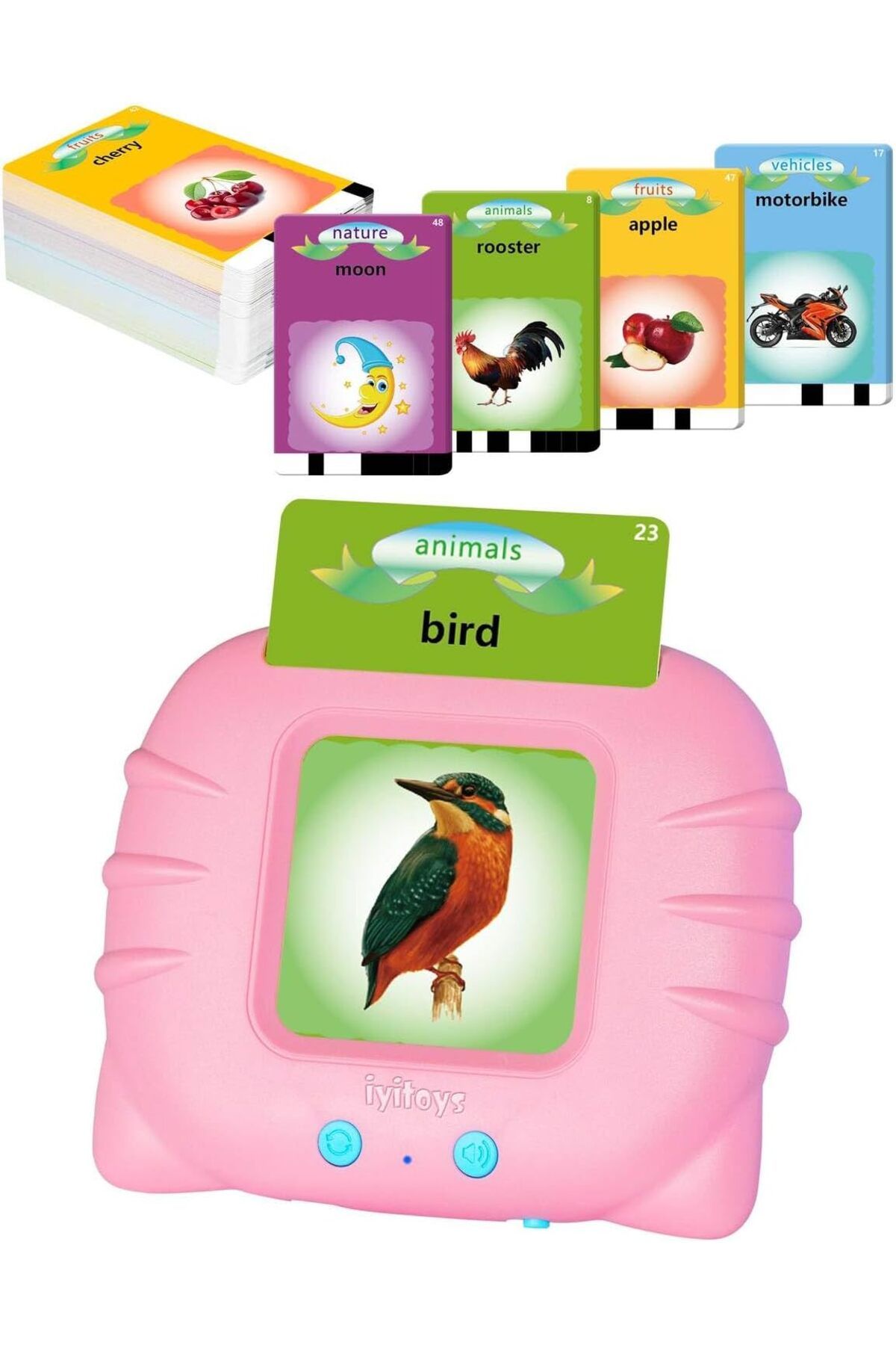 Mena Rise TuonShop Öğrenim Kartları- Ingilizce Konuşan Sesli Flash Kartlar 112 Kart 224 Görsel Pembe 112