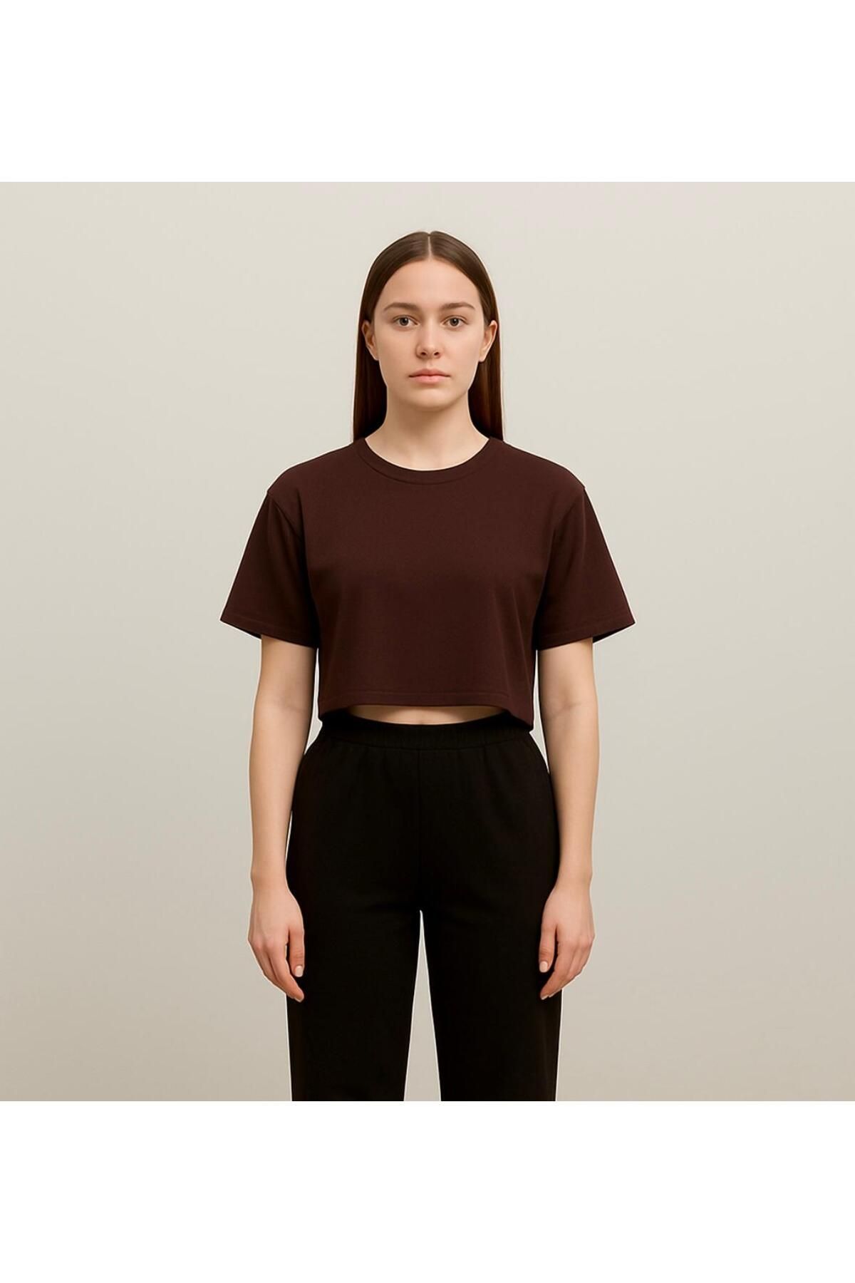 AXXEL Kadın Koyu Kahve Kısa Kollu Oversize T-shirt-d814