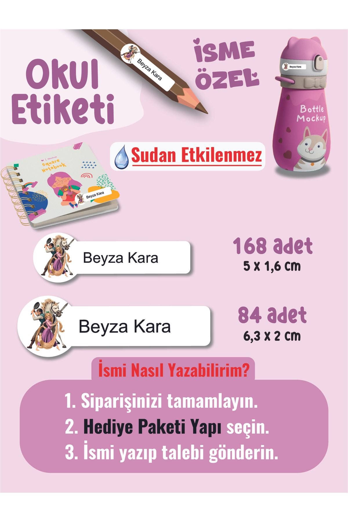 YUNUS COPY Okul Etiketi Kalem Defter Etiketi Rapunze Temalı Özel İsim Yazılabilen Etiket - 252Adet