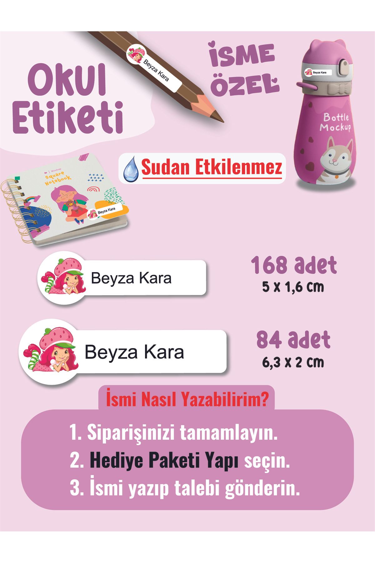 YUNUS COPY Okul Etiketi Kalem Defter Etiketi Çilek Kız Temalı Özel İsim Yazılabilen Etiket - 252Adet